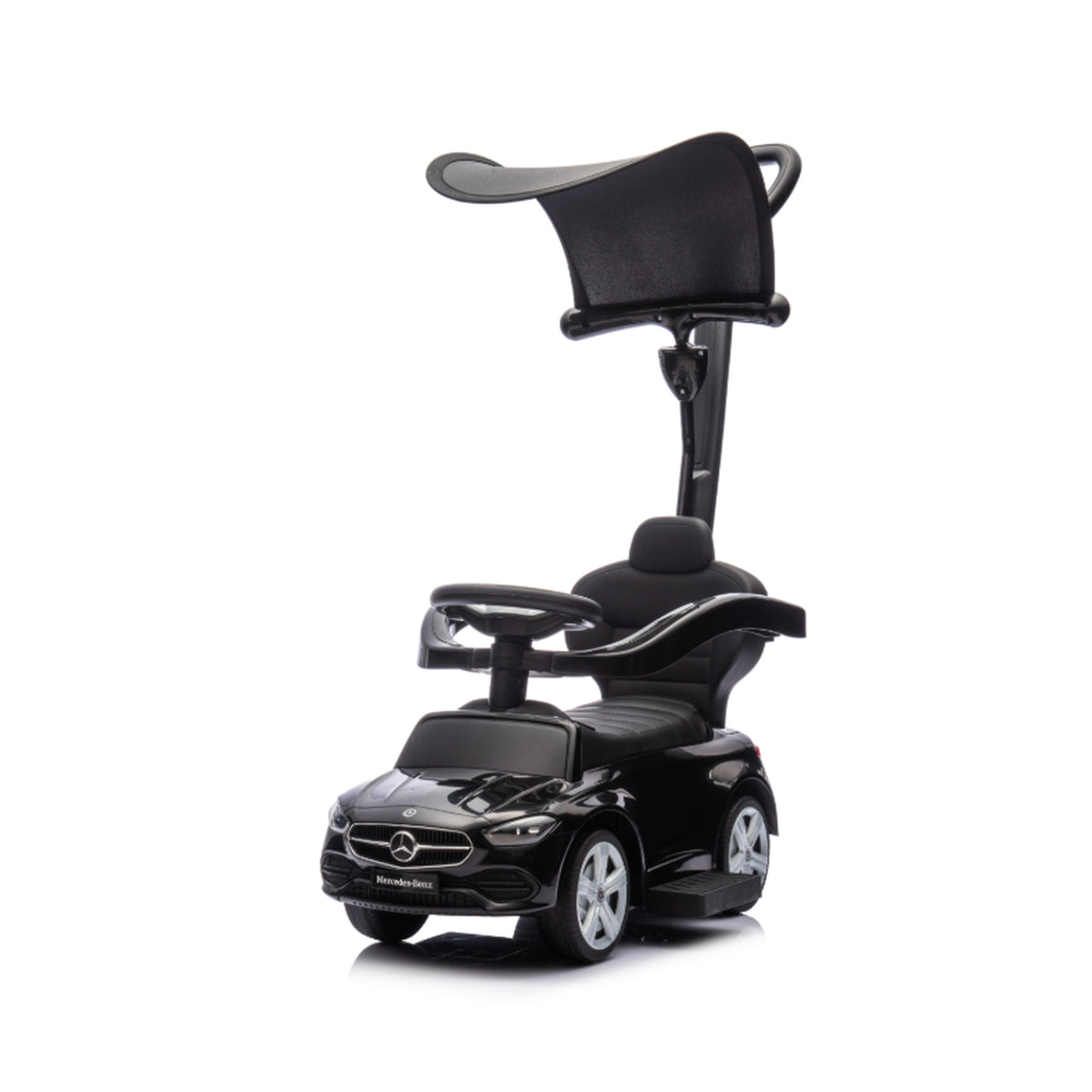 AIYAPLAY 3 in 1 Licensed Benz Ride on Push Car with Handle, Canopy, Guardrails, Horn, Music, Storage for 12-36 Months, Black