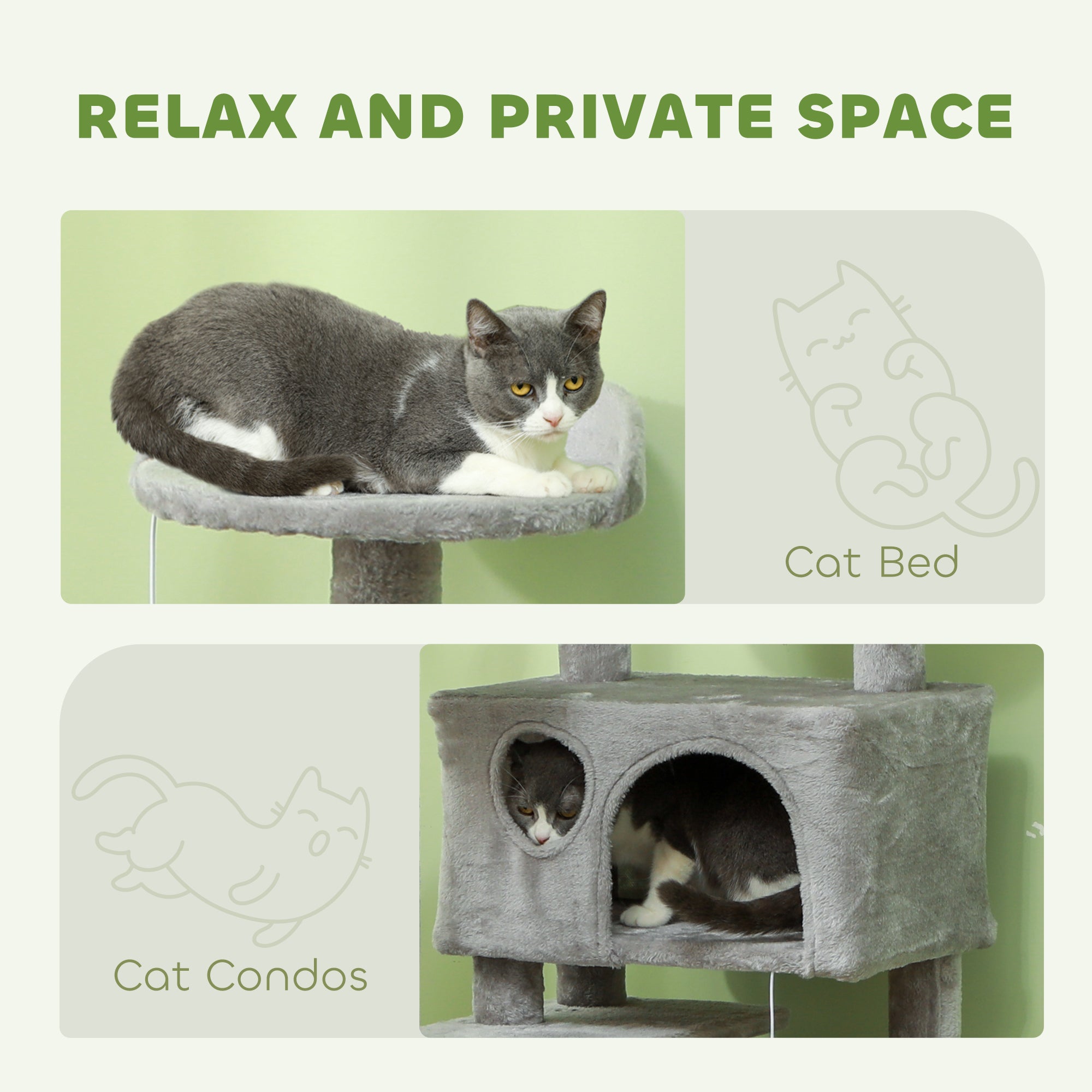 PawHut 138cm Cat Tree, Multi-Level Cat Tower with Scratching Posts and Pad, Bed, Condos, Platforms, Toy Balls, Light Grey - North Peak Garden Furniture