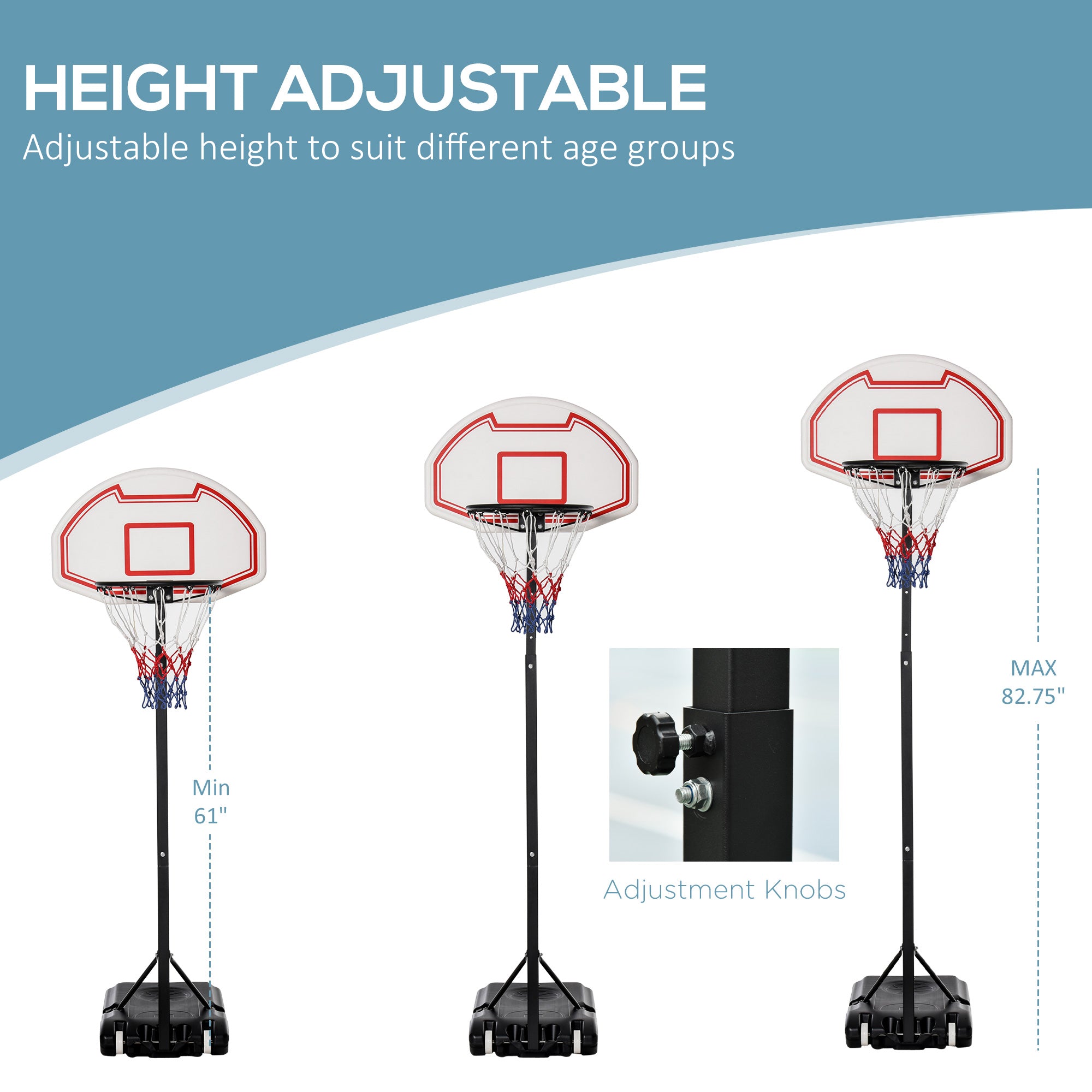 HOMCOM Portable Basketball Hoop Stand Freestanding Sports System Adjustable Height 1.55-2.1M on Wheels for Teenagers Adults, White