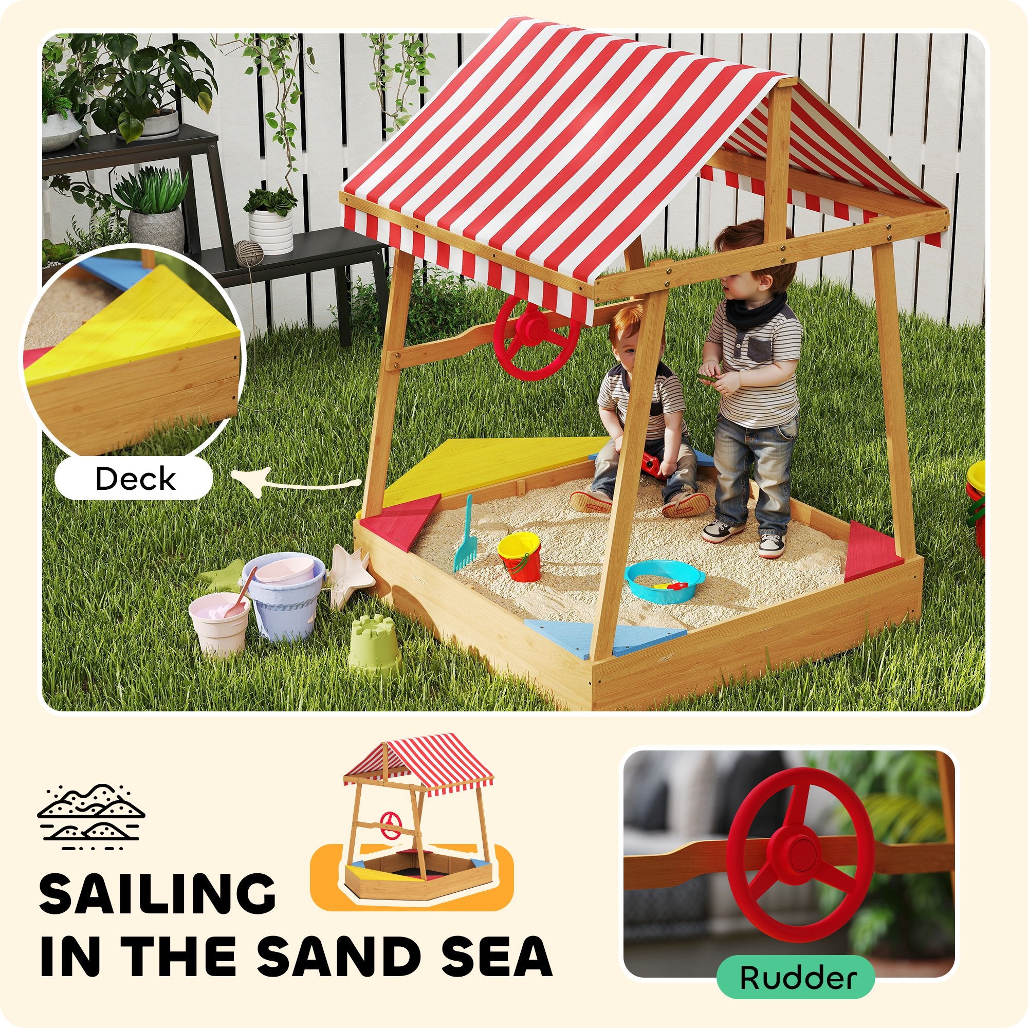 AIYAPLAY Wooden Kids Sandpit Boat Style with Canopy, 4 Seats, Rudder, Bottom Liner, for Children 3-8 Years, Yellow - North Peak Garden Furniture
