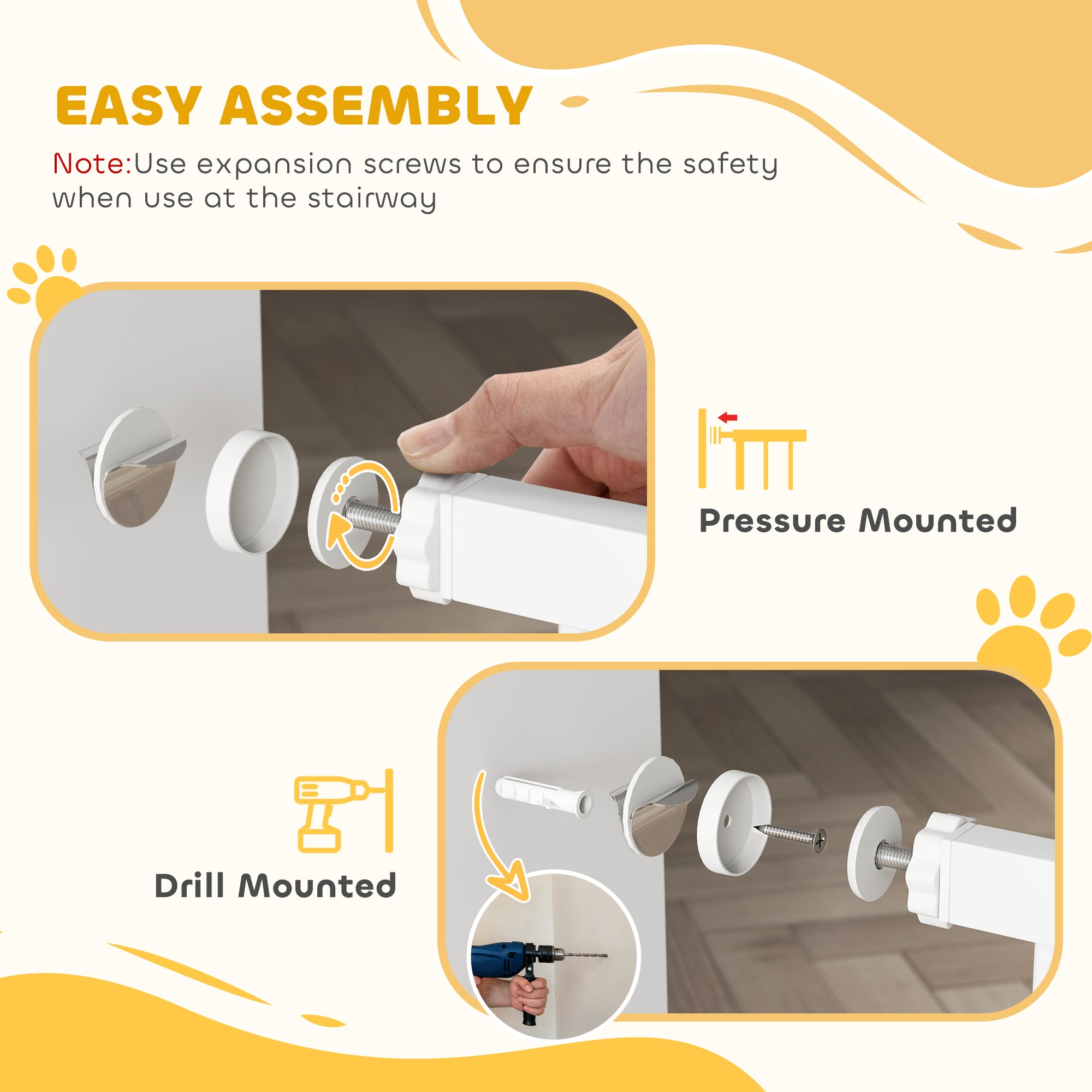 PawHut Metal 74-94cm Adjustable Pet Gate Safety Barrier w/ Auto-Close Door White