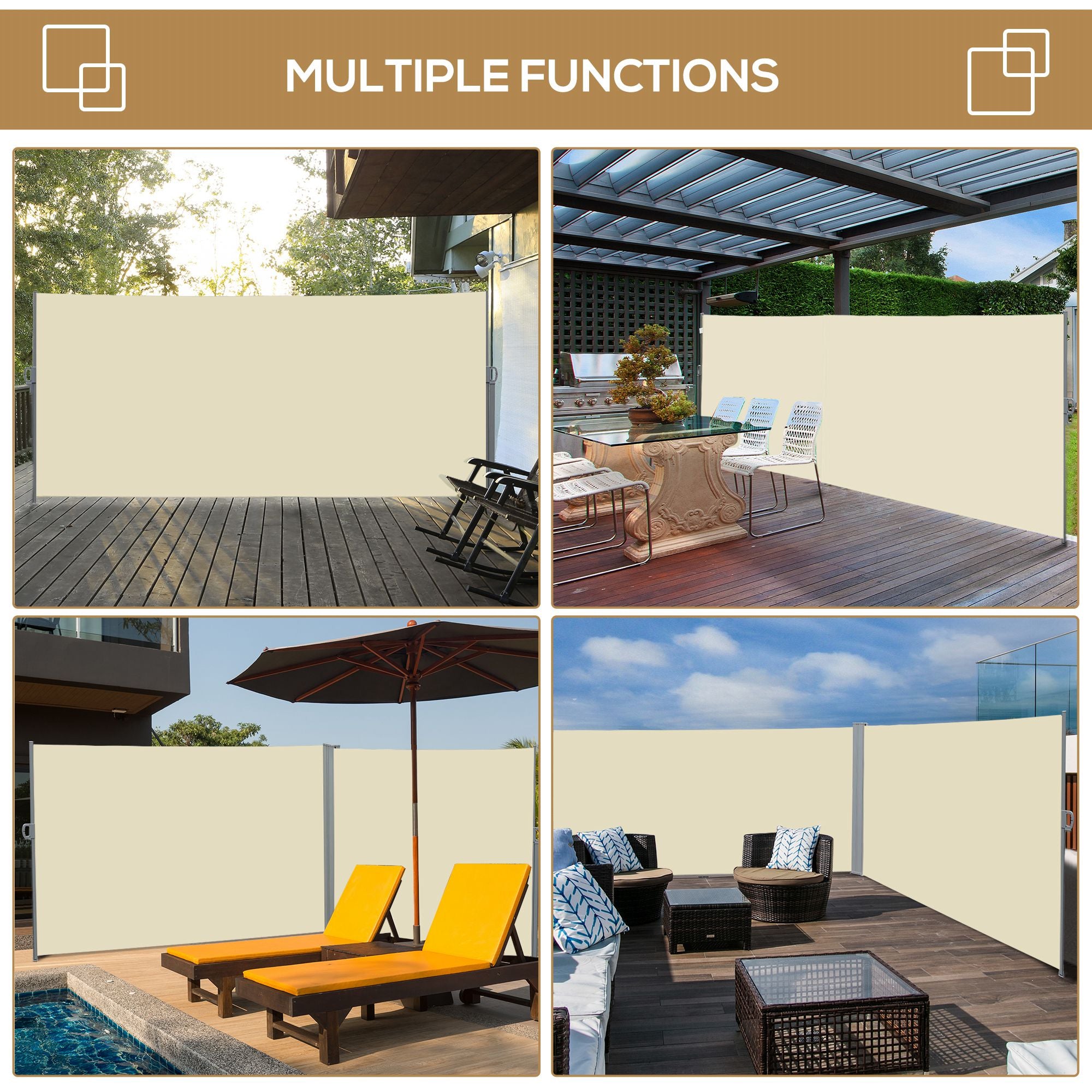 Outsunny Retractable Sun Side Awning Screen Fence Patio Garden Wall Balcony Screening Panel Outdoor Blind Privacy Divider (3x2M, Cream) - North Peak Garden Furniture