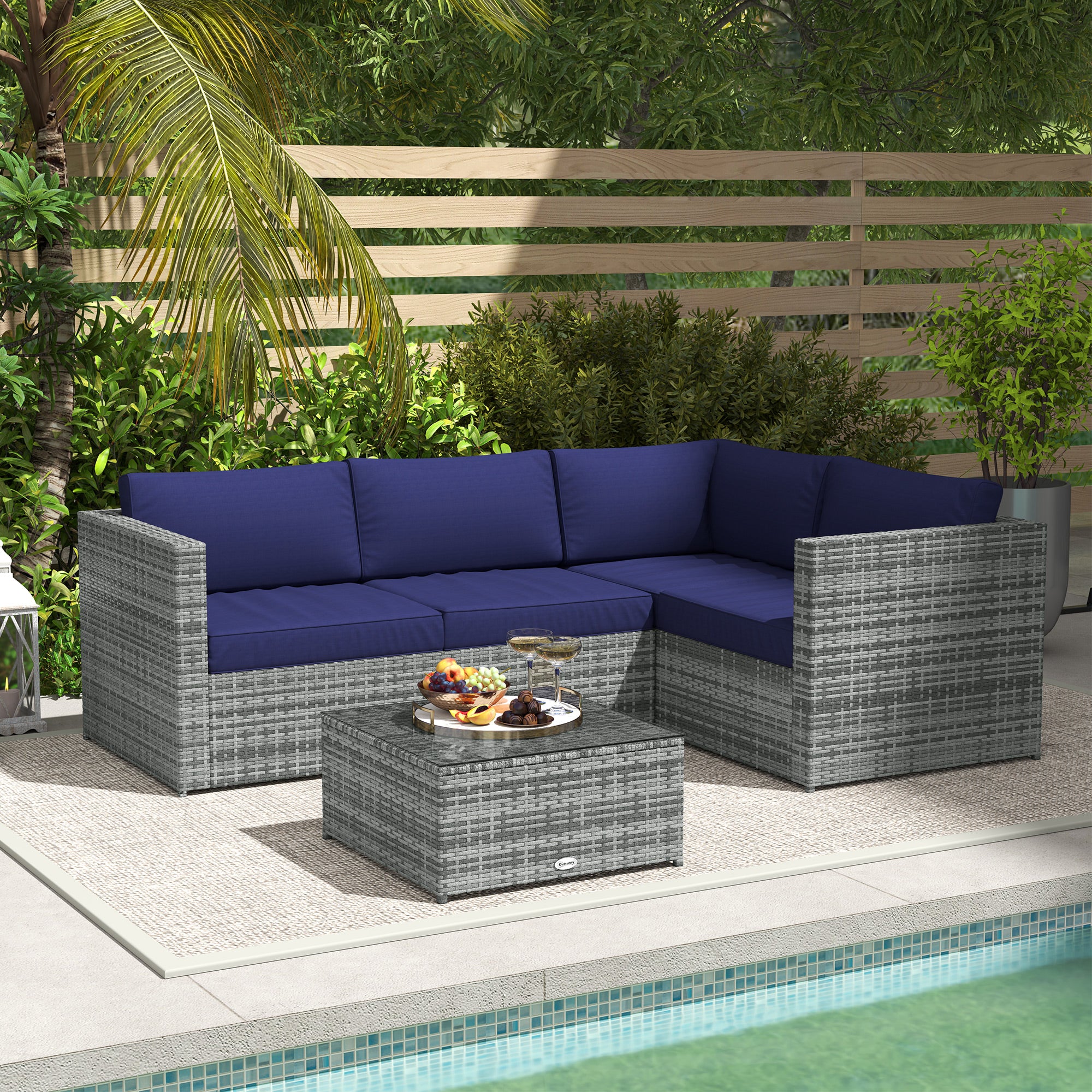 Outsunny 3 Pieces PE Rattan Garden Furniture Set with 10 cm Thick Cushions, 4 Seater Garden Corner Sofa Set with Glass Top Coffee Table, Outdoor Furniture for Patio, Porch, Blue - North Peak Garden Furniture