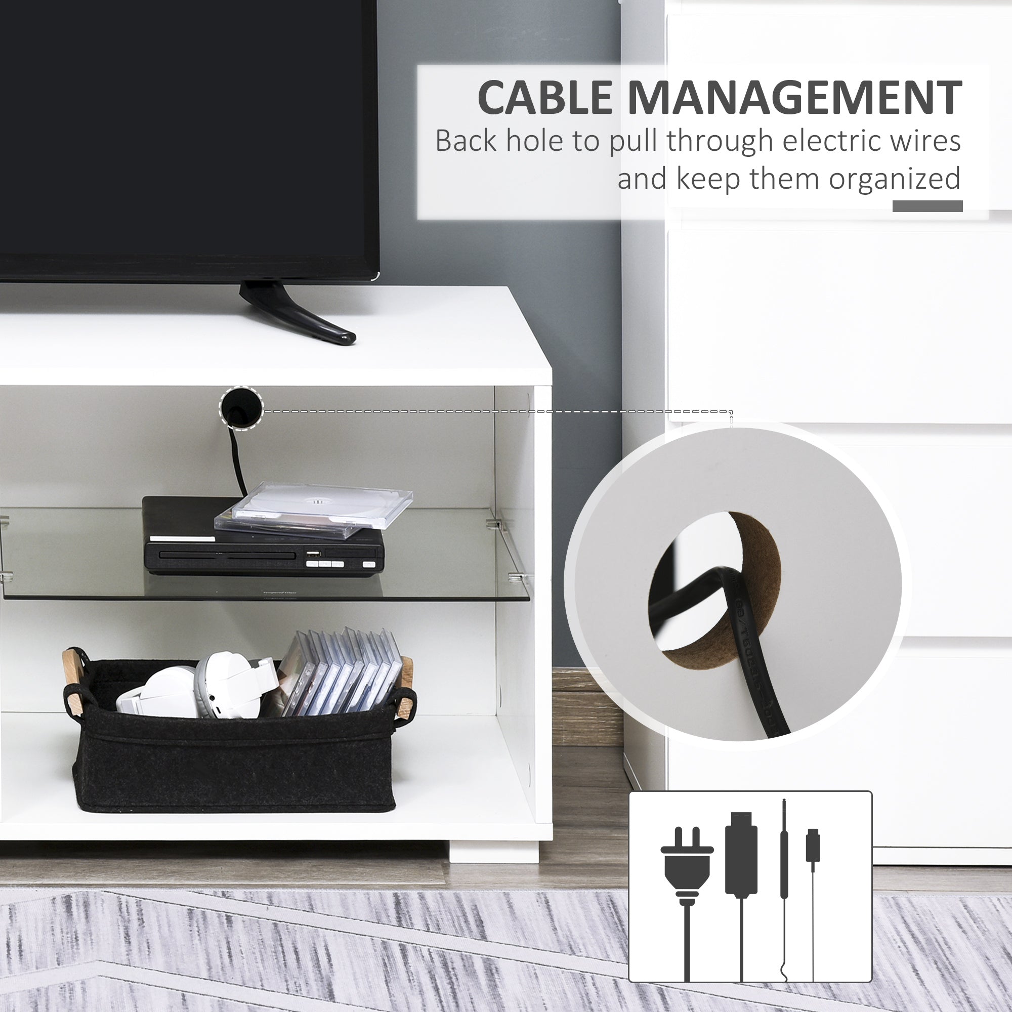 HOMCOM High Gloss TV Stand Storage Cabinet with 2 Shelves for Living Room Home Furniture White - North Peak Garden Furniture