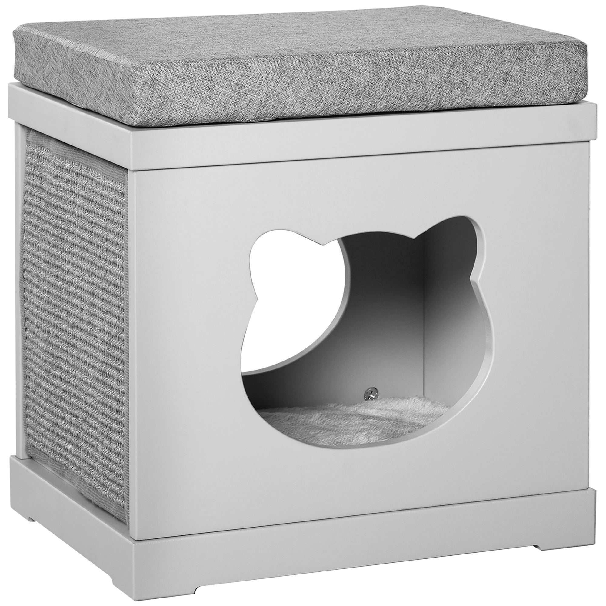PawHut Cat House Bed Kitten Cave Cube Indoor for Small Pet with Removable Sisal Scratching Pads Soft Cushions, 41x30x36 cm, Grey - North Peak Garden Furniture