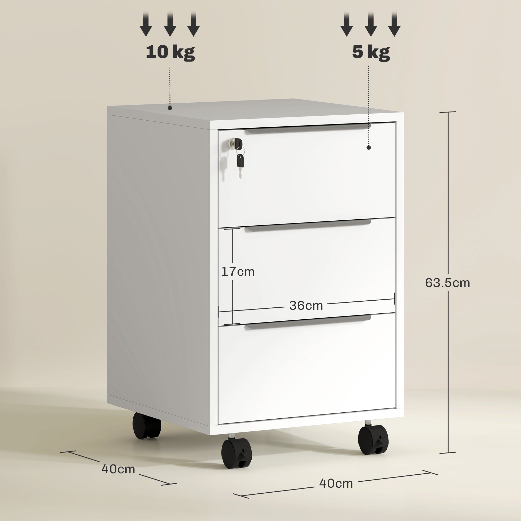 HOMCOM Three-Drawer Locking Filing Cabinet - White - North Peak Garden Furniture
