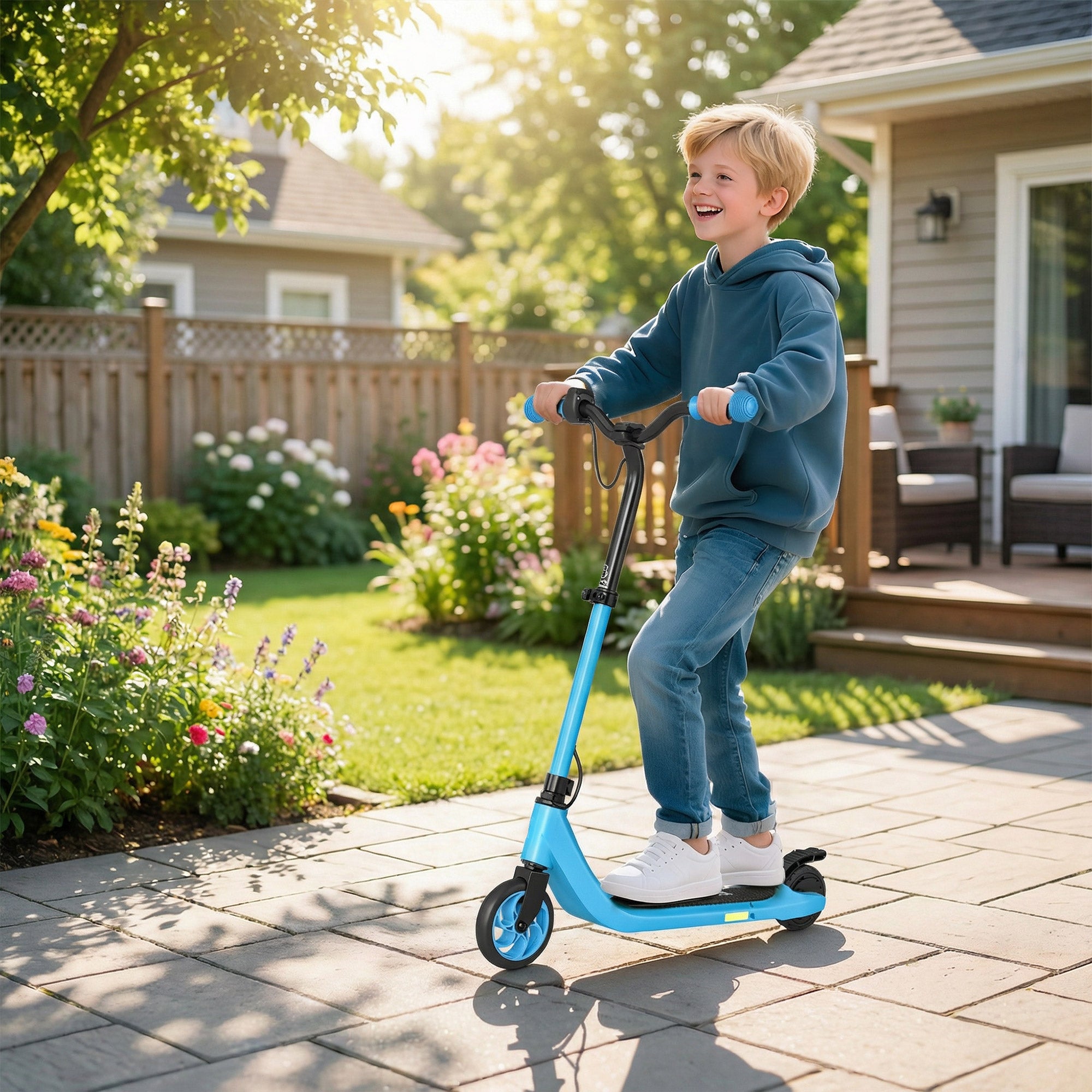HOMCOM Electric Scooter, 120W Motor E-Scooter with Battery Display, Adjustable Height, Rear Brake for Ages 6+ Years - Blue