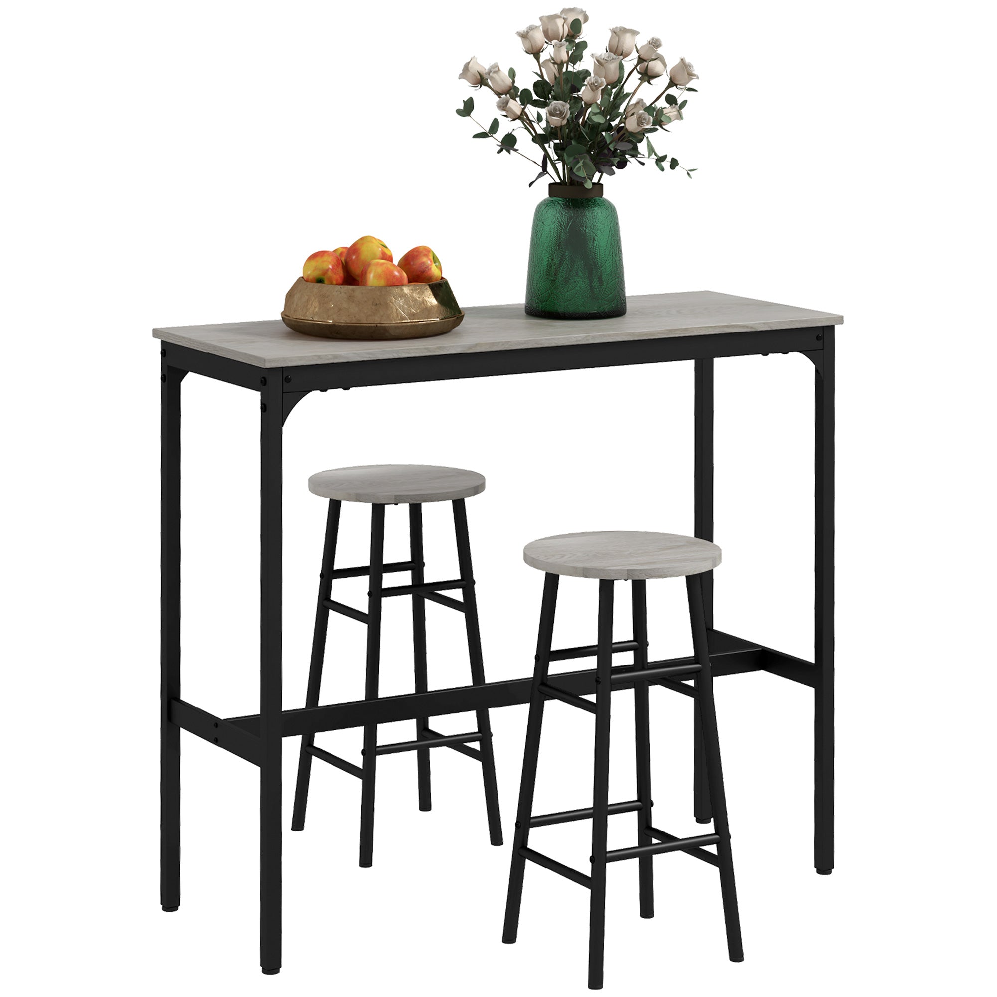 HOMCOM 3 Piece Bar Table Set with 2 Stools, Industrial Bar Table and Stool Set, Dining Table and Chair Set, Grey - North Peak Garden Furniture