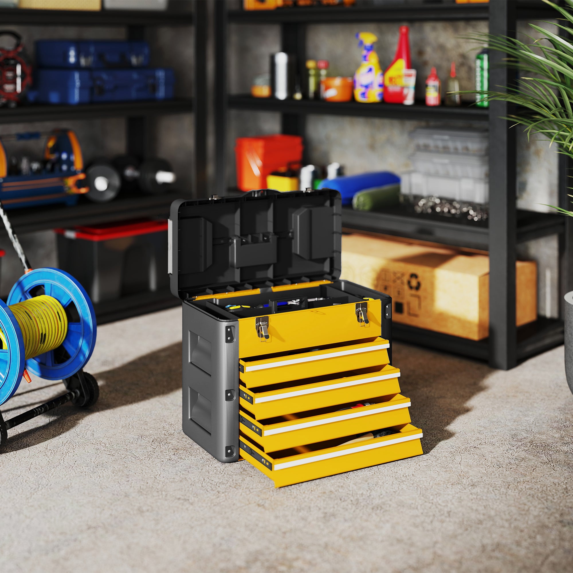 HOMCOM 4 Drawers Large Toolbox - Yellow - North Peak Garden Furniture