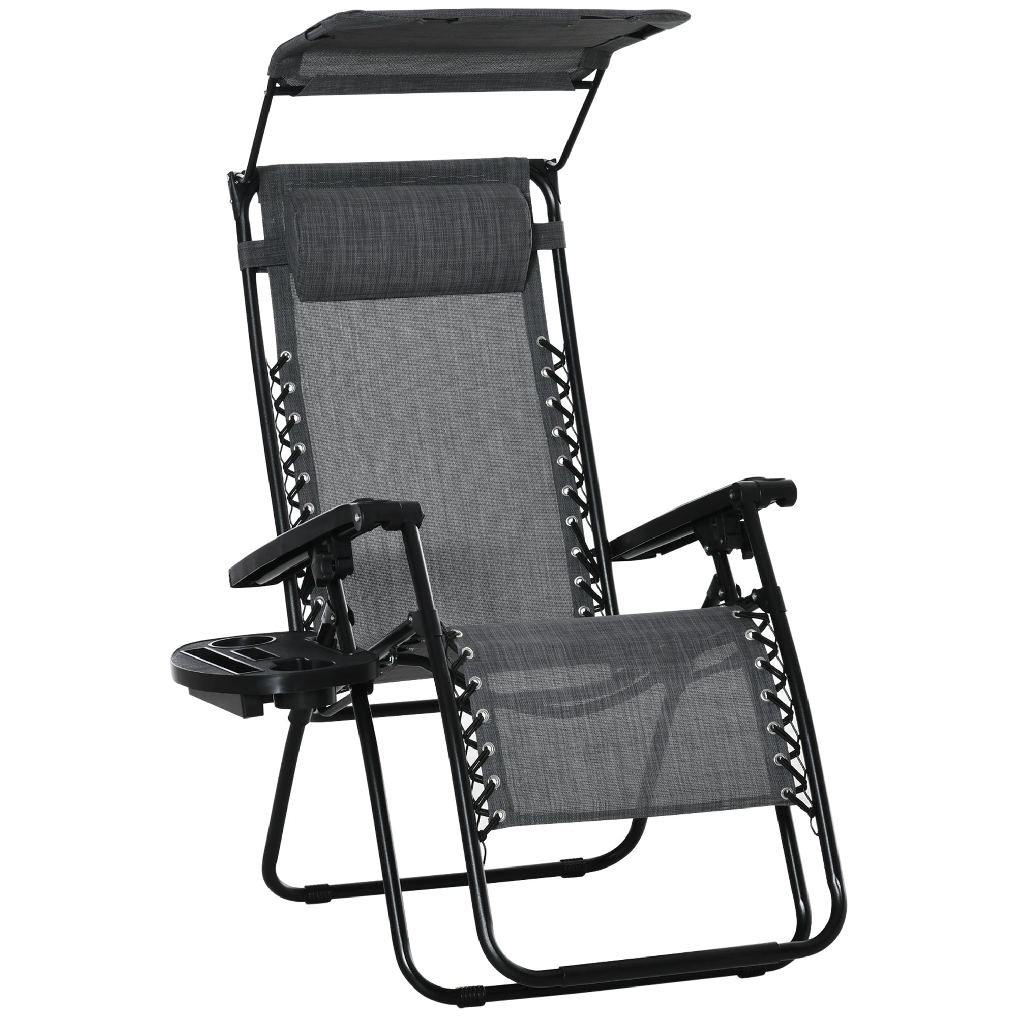 Outsunny Foldable Reclining Garden Chair with Headrest, Zero Gravity Deck Sun Lounger Seat Chair with Footrest, Armrest, Cup Holder & Canopy Shade, Light Grey - North Peak Garden Furniture