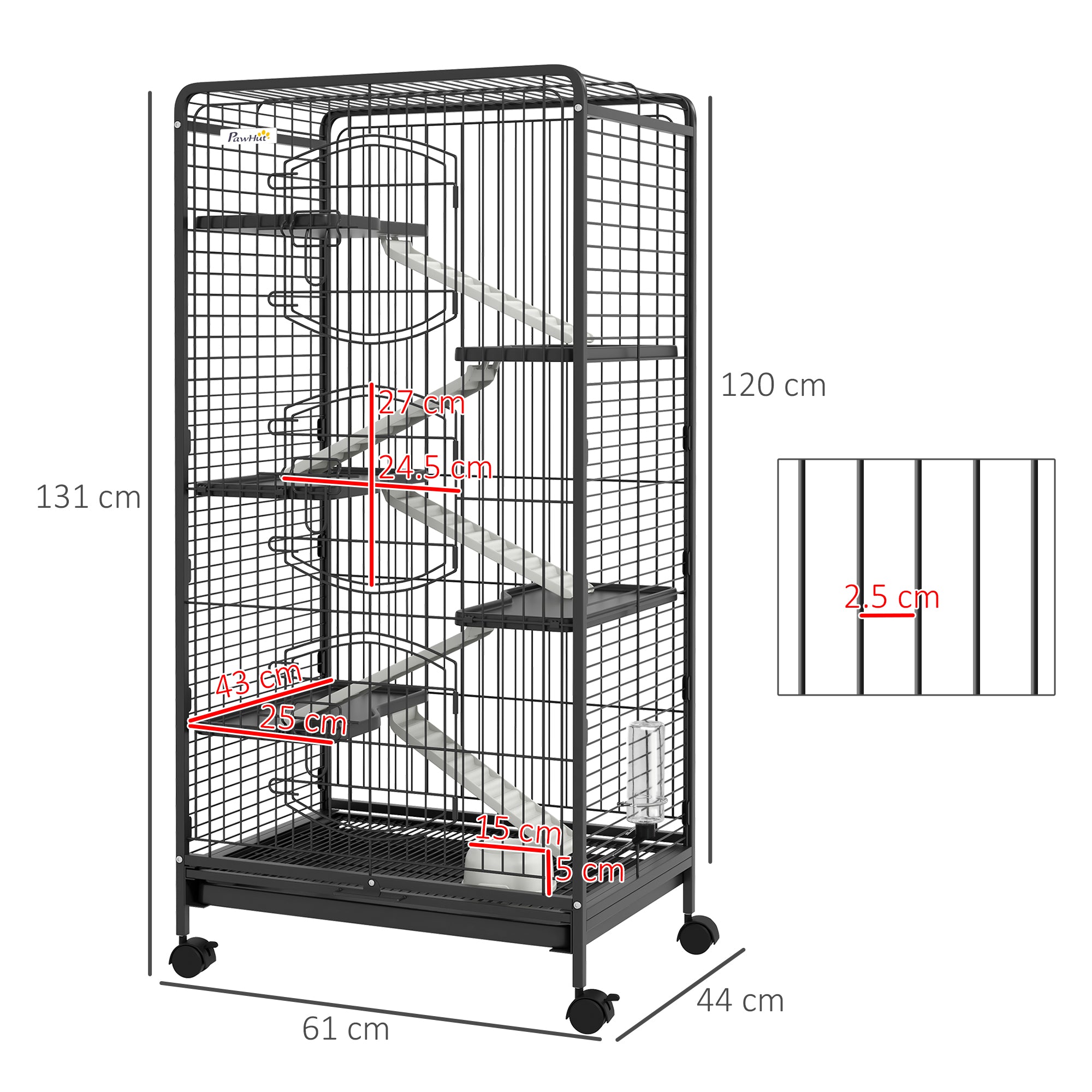 PawHut 6 Levels Removable Small Animal Cage, 131cm - Black - North Peak Garden Furniture