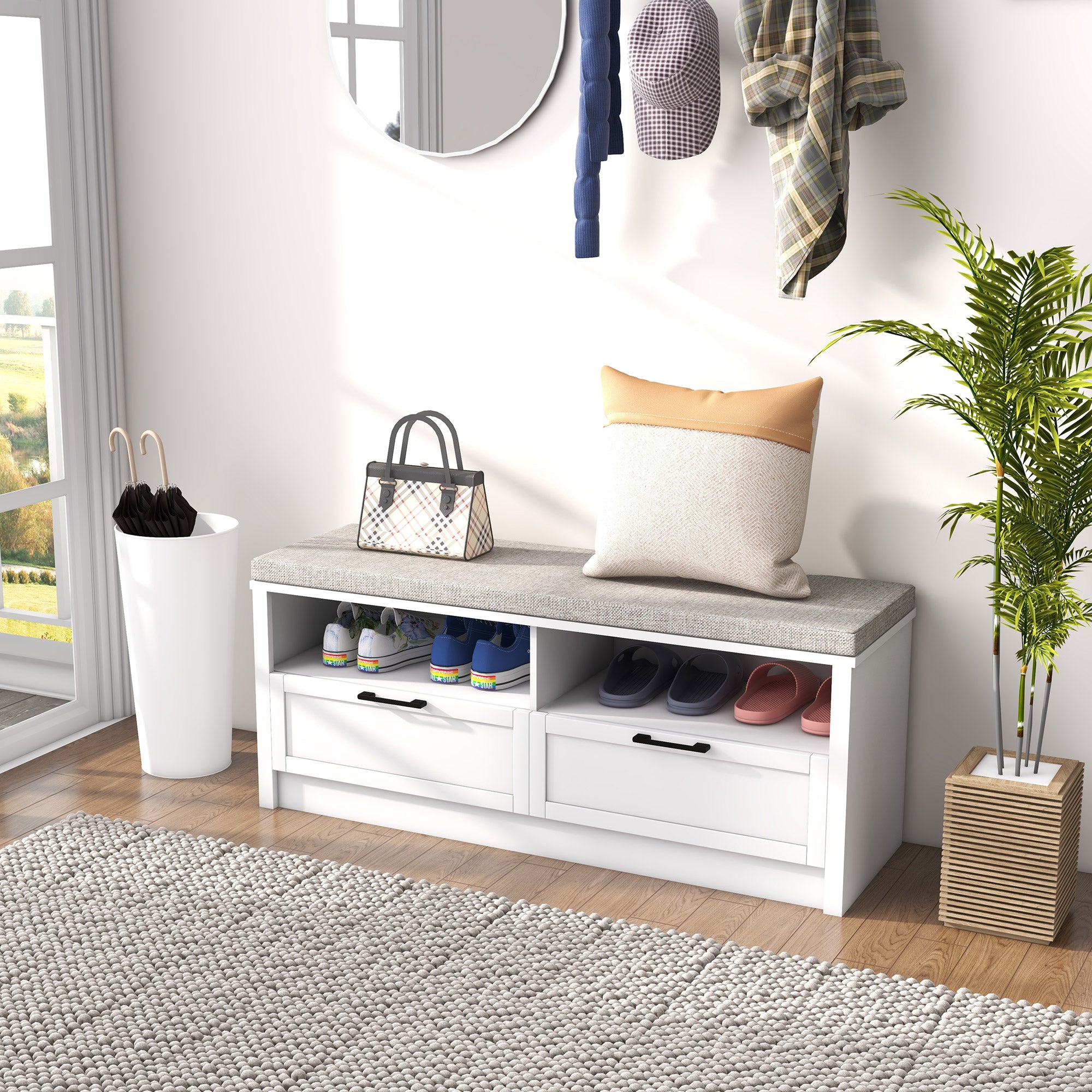 HOMCOM Shoe Bench with Removable Cushion, Shoe Storage Bench with Padded Seat, Open Compartments and Drawers for Entryway Hallway - North Peak Garden Furniture