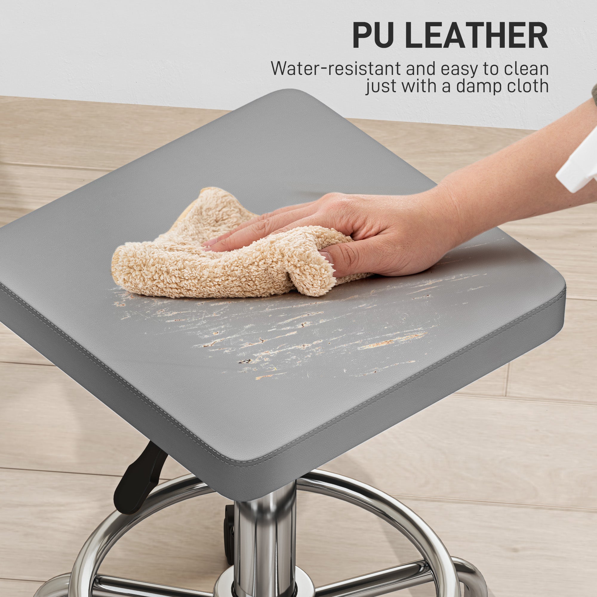 HOMCOM Adjustable PU Leather Rolling Stool - Grey - North Peak Garden Furniture