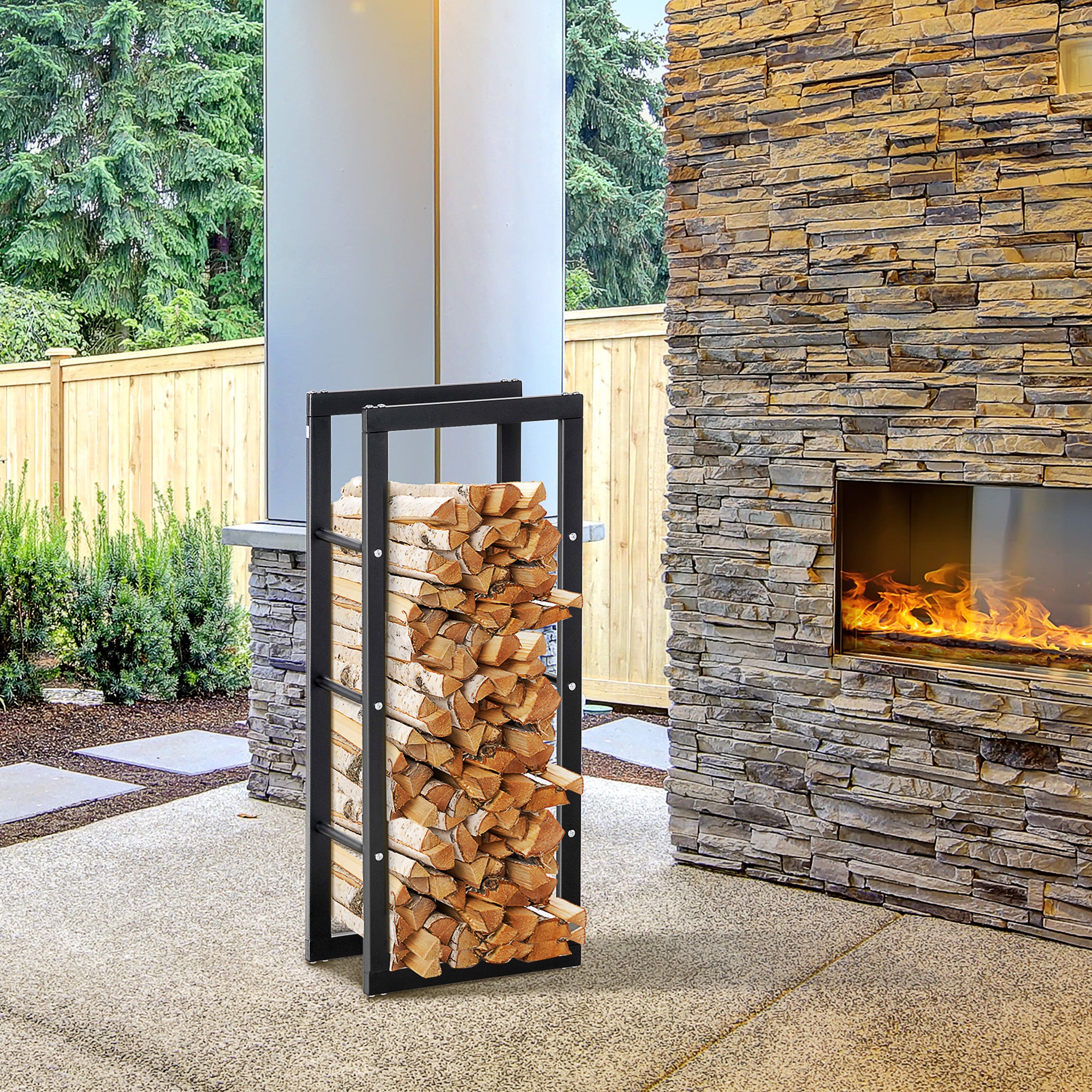 HOMCOM Metal Firewood Log Holder Tall Firewood Rack Indoor Outdoor Fireplace Wood Storage Shelf with Side Rails, Rust-Resistant, Black, 40W x 25D x 100H cm - North Peak Garden Furniture