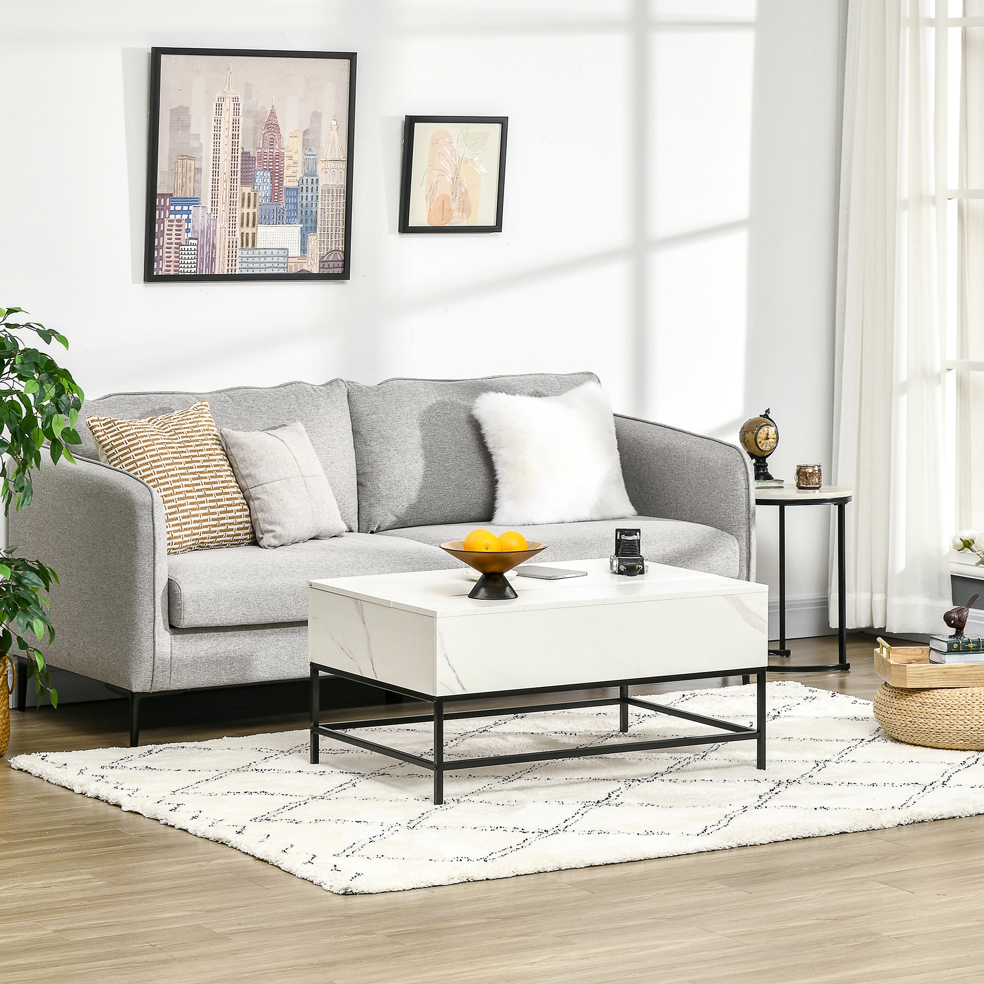 HOMCOM Modern Lifting Coffee Table with Hidden Compartment, Storage Coffee Table for Living Room, Faux Marble White - North Peak Garden Furniture