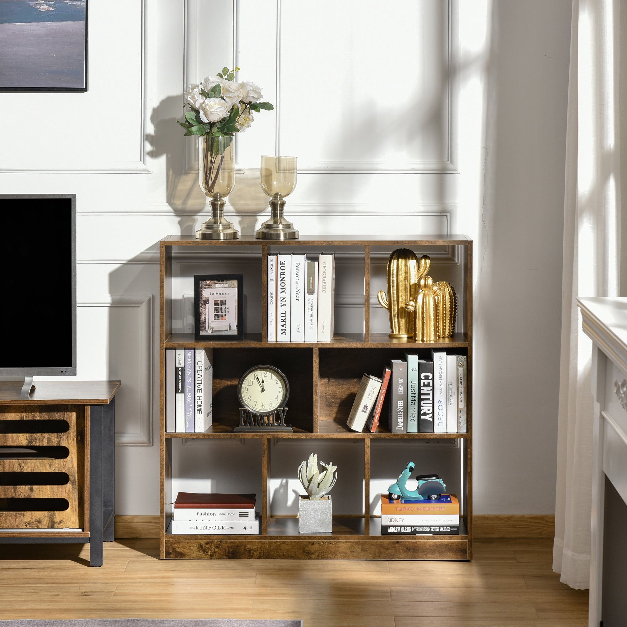 HOMCOM Storage Shelf 3-Tier Bookcase Display Rack Home Organizer for Home Office, Living Room, Playroom, Rustic Brown - North Peak Garden Furniture