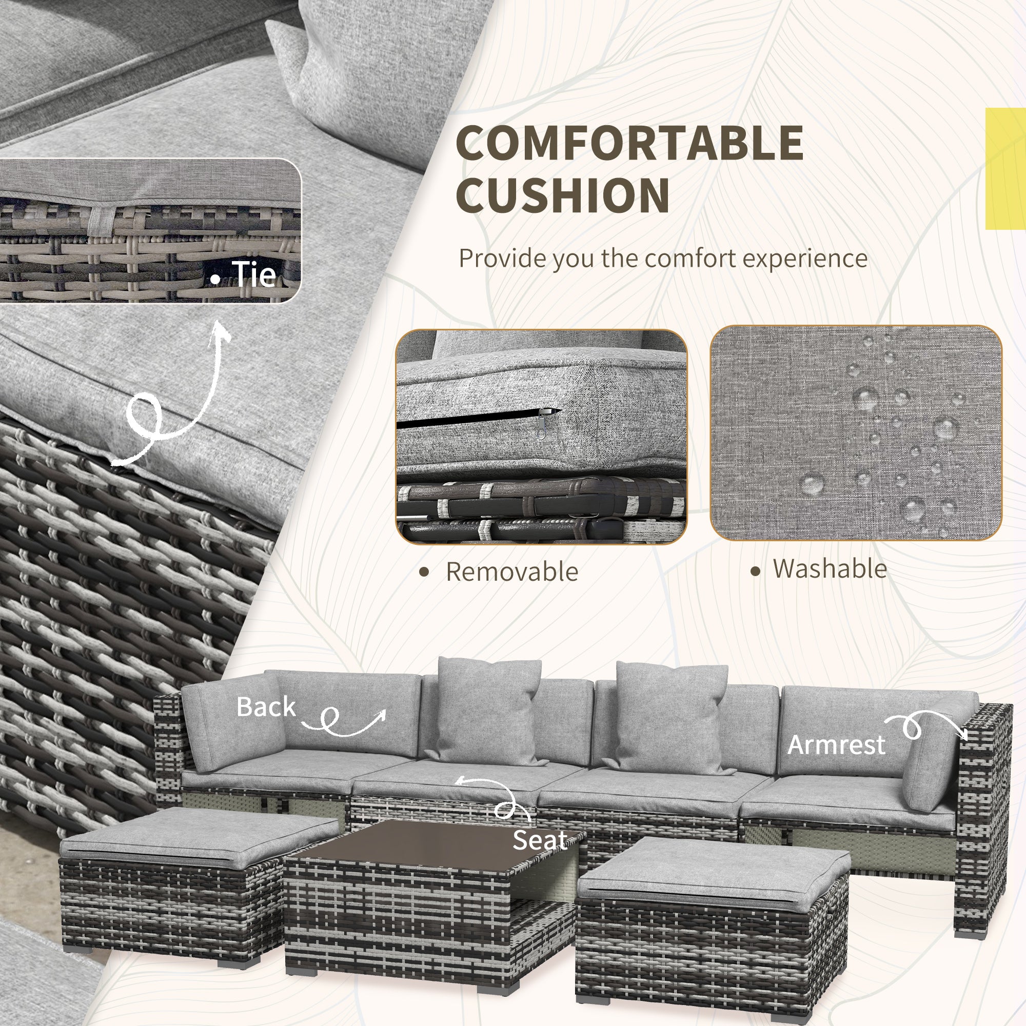 Outsunny Seven-Piece Rattan Patio Furniture Set, with Cushions - Grey - North Peak Garden Furniture