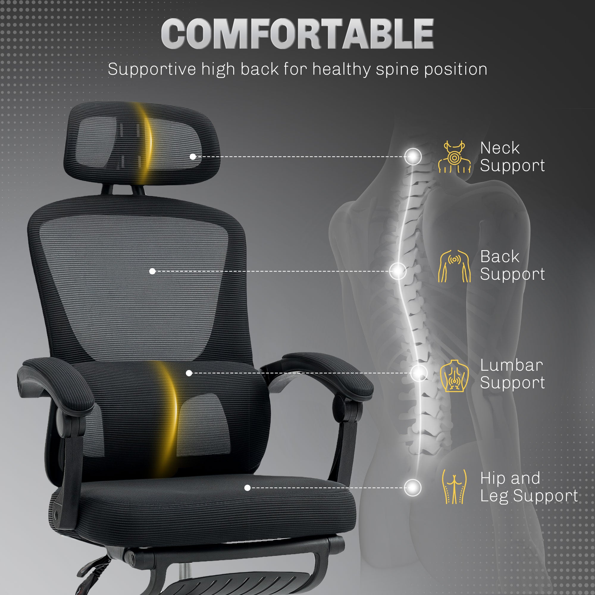 HOMCOM Ergonomic Office Chair, Mesh High Back Desk Chair with Adjustable Lumbar Support and Headrest, Footrest, Reclining Executive Swivel Computer Chair for Home Study, Black - North Peak Garden Furniture