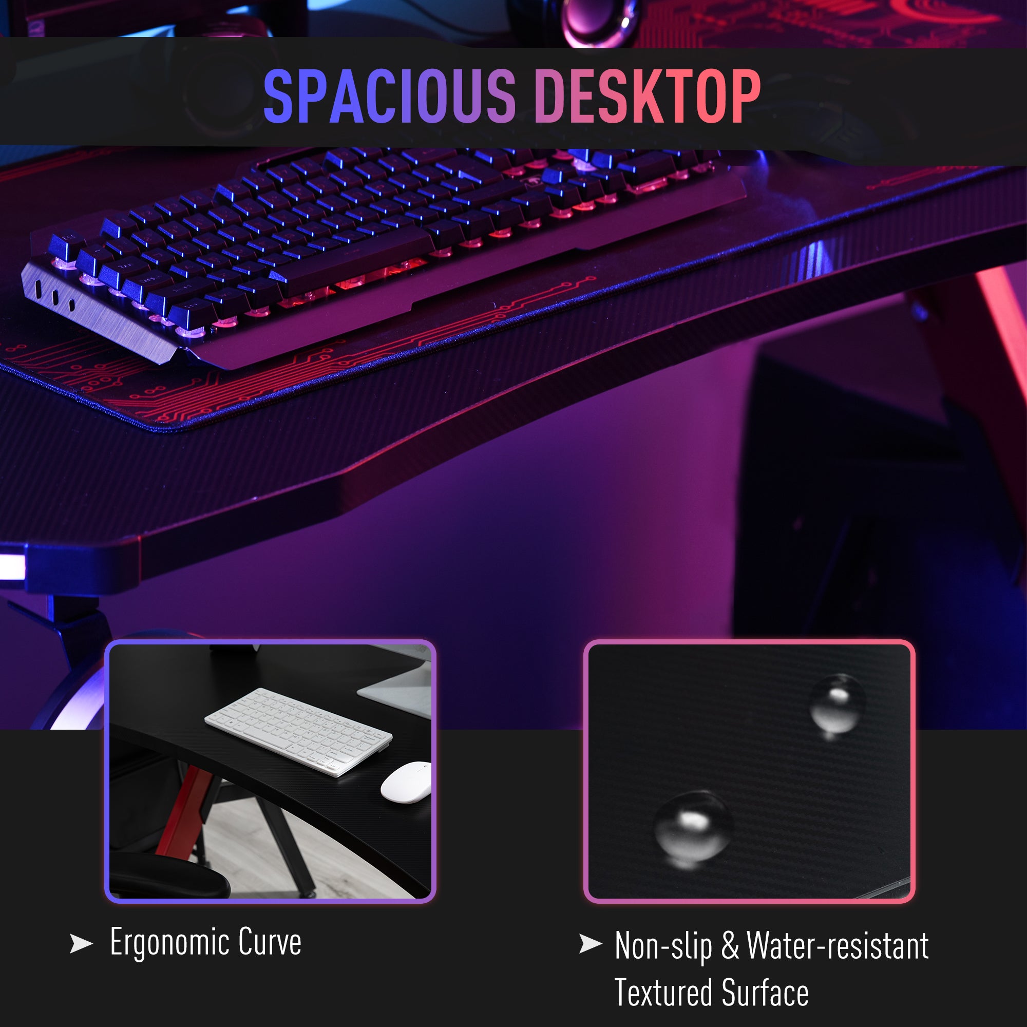 HOMCOM RGB 120 x 66cm Gaming Desk, Computer Table with Carbon Fibre Surface, Headphone Hook, Cup Holder, Controller Rack, Home Office Desk, Black and Red