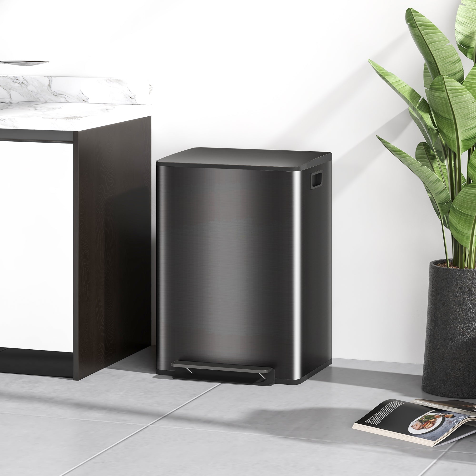 HOMCOM 60L Dual Compartment Stainless Steel Bin, with Deodoriser Holders - Black - North Peak Garden Furniture