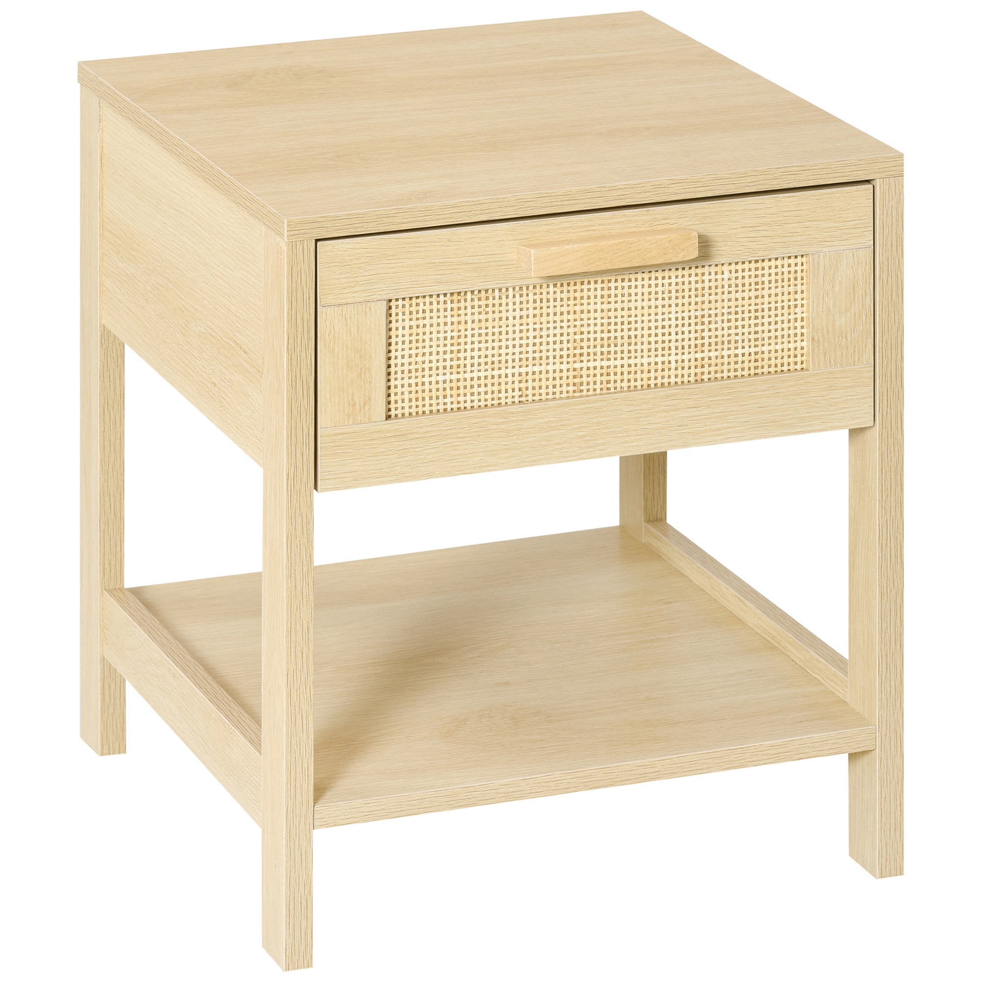 HOMCOM Nightstand with Rattan Drawer and Storage Shelf, Bedside End Table for Bedroom, Living Room - North Peak Garden Furniture