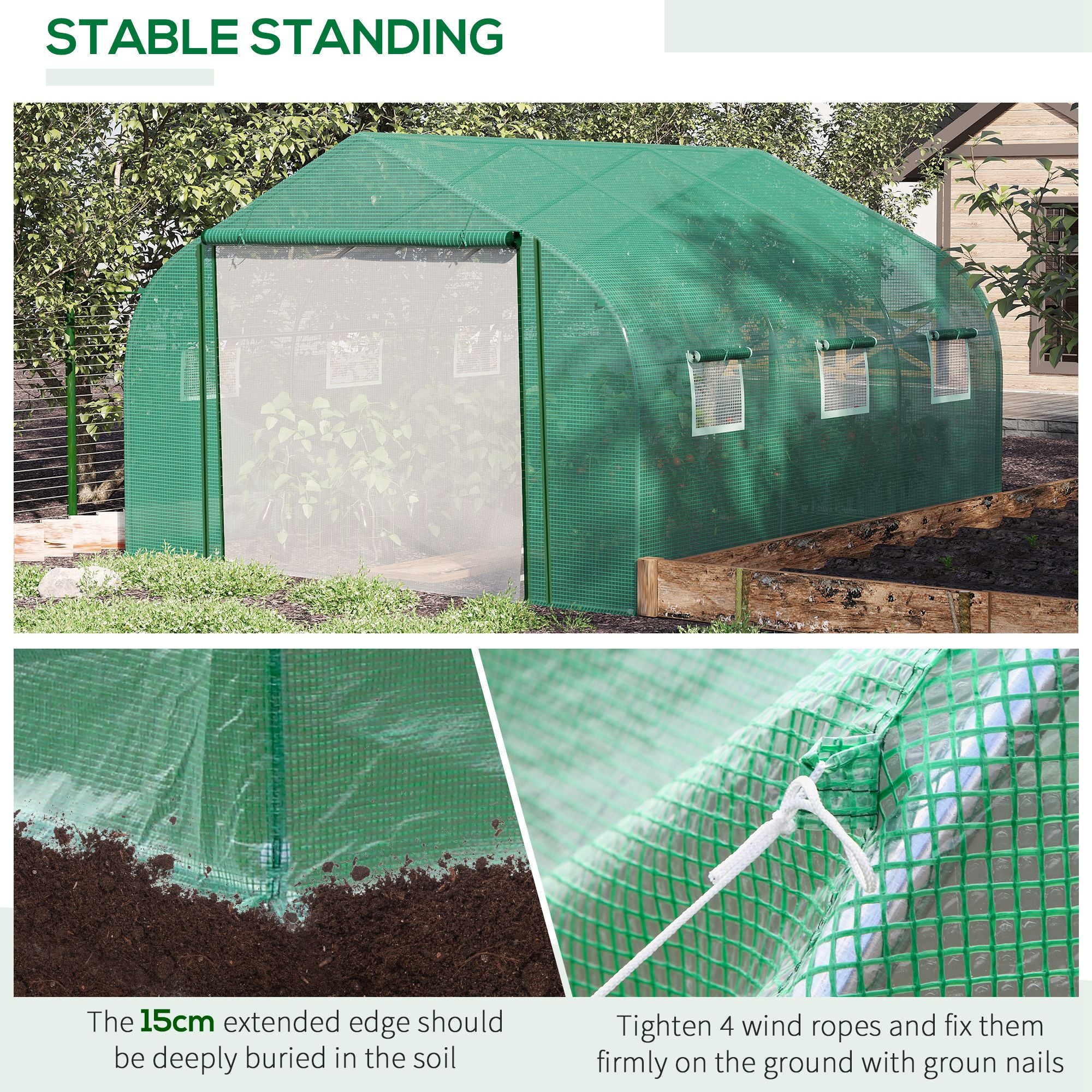 Outsunny Walk-in Polytunnel Garden Greenhouse, Outdoor Mesh Door Greenhouse with PE Cover and 6 Windows, 3.5 x 3 x 2m, Green - North Peak Garden Furniture