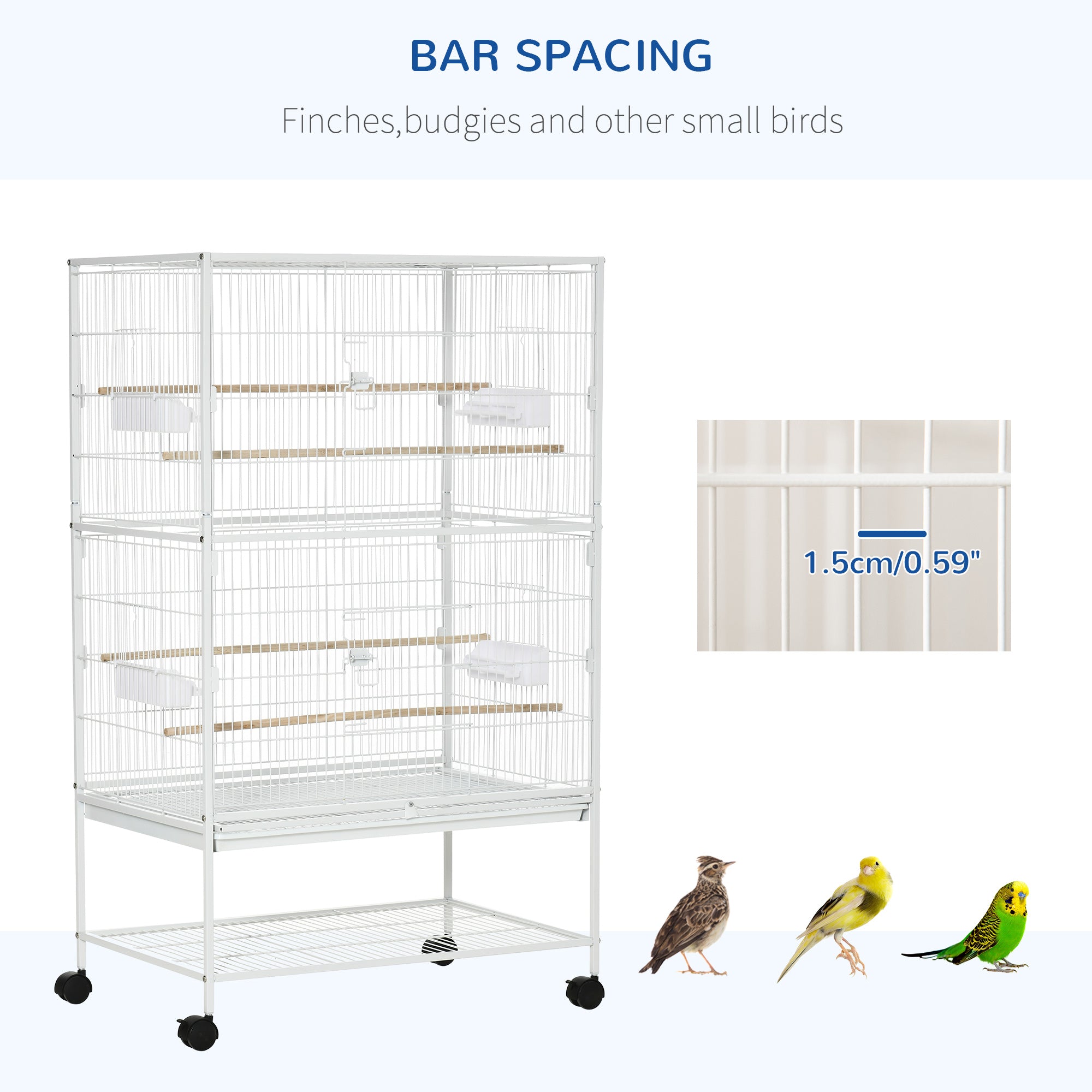 PawHut Large Bird Cage Budgie Cage for Finch Canaries Parakeet with Rolling Stand, Slide-out Tray, Storage Shelf, Food Containers, White - North Peak Garden Furniture