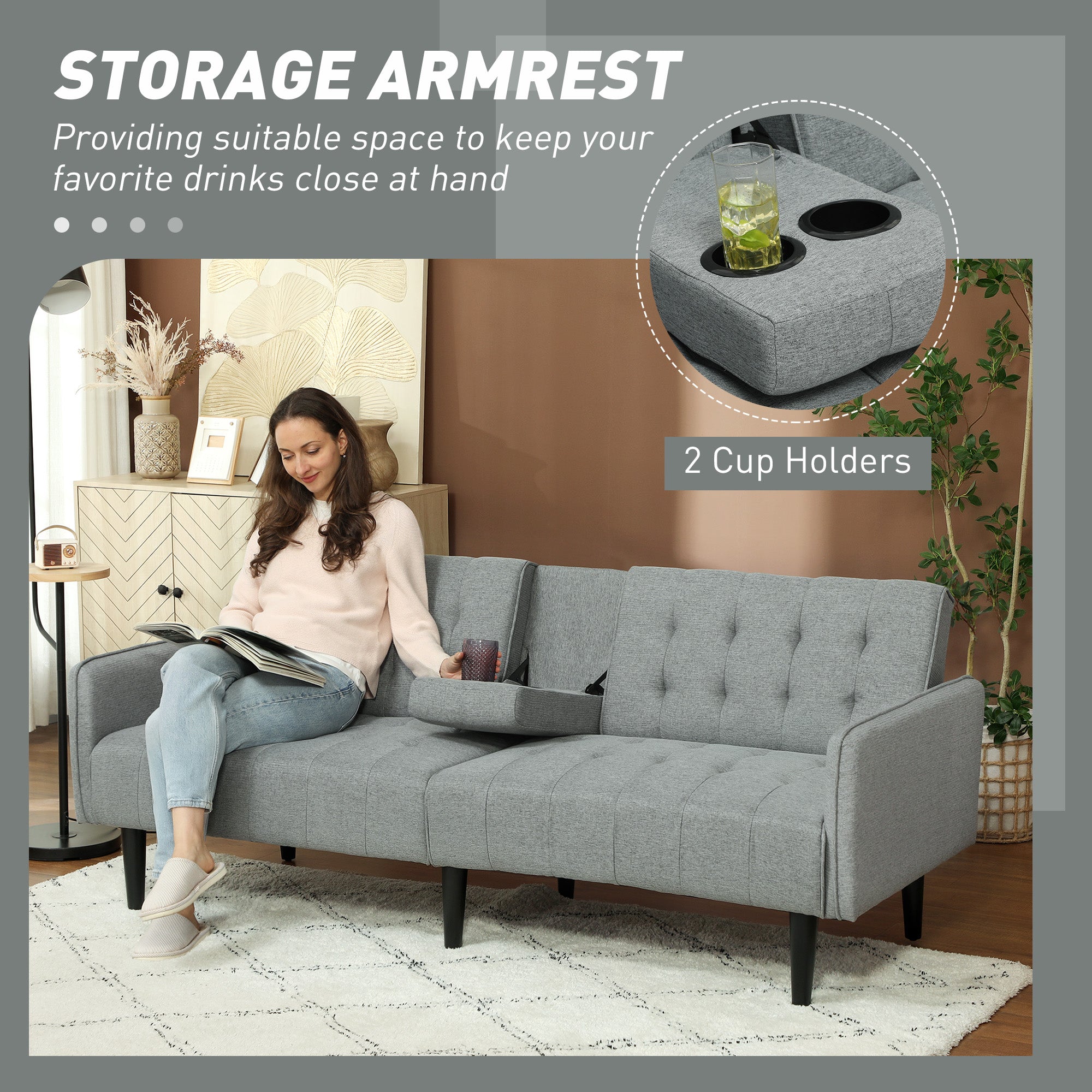 HOMCOM Upholstered Click Clack Sofa Bed, Linen-Feel 3 Seater Sofa Bed with Storage and Cupholders, Light Grey - North Peak Garden Furniture