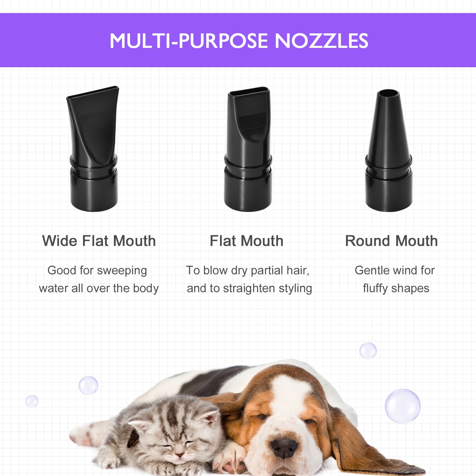 PawHut 2800W Dog Hair Dryer Pet Grooming Blaster Water Blower Dryer w/ 3 Nozzles, Purple - North Peak Garden Furniture