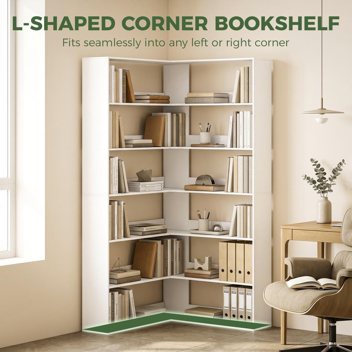 HOMCOM 7 Tiers Bookshelf, L-Shaped Corner Bookcase with Anti-Slip Rear Guard, White Wood Effect