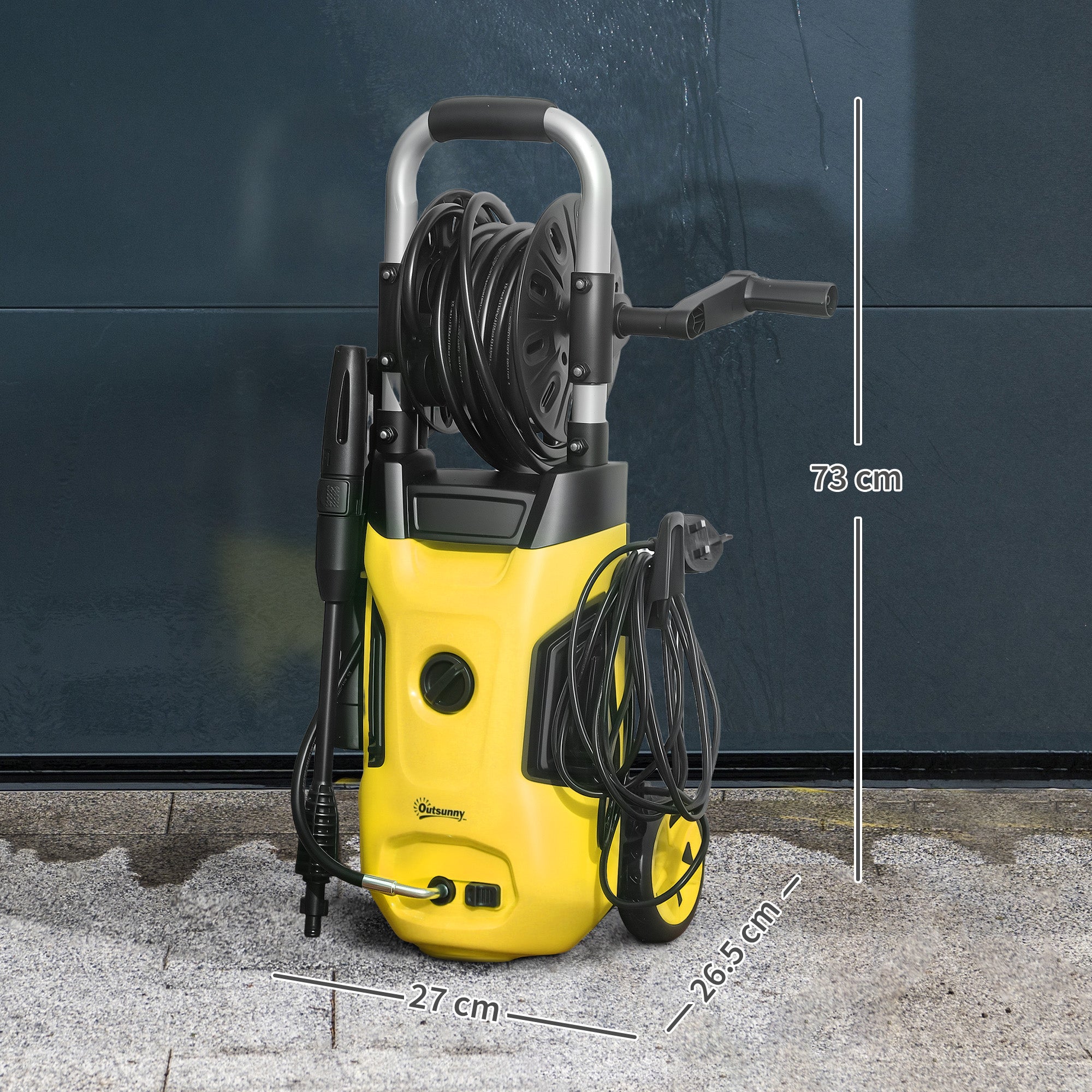 Outsunny 1800W High Pressure Washer, 150 Bar Pressure, 420 L/h Flow, Portable Power Washer Jet Wash Cleaner with Adjustable Nozzle, 6M Hose, Hose Reel, Steel Handle for Home Patio Car Driveway, Yellow - North Peak Garden Furniture