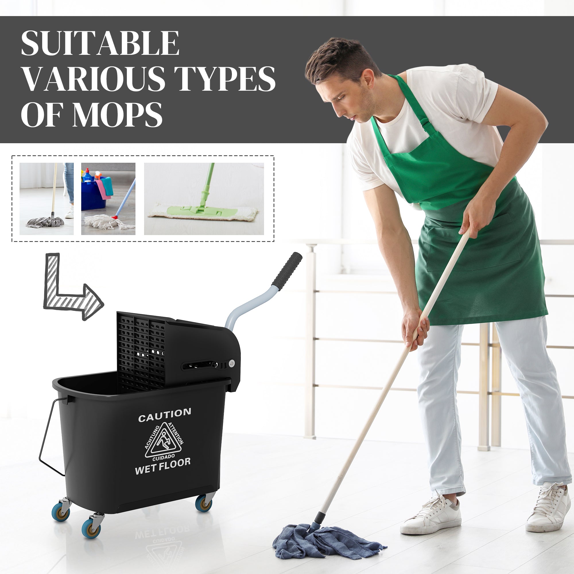 HOMCOM 20L Mop Bucket on Wheels, with Water Separation Panel - Black - North Peak Garden Furniture