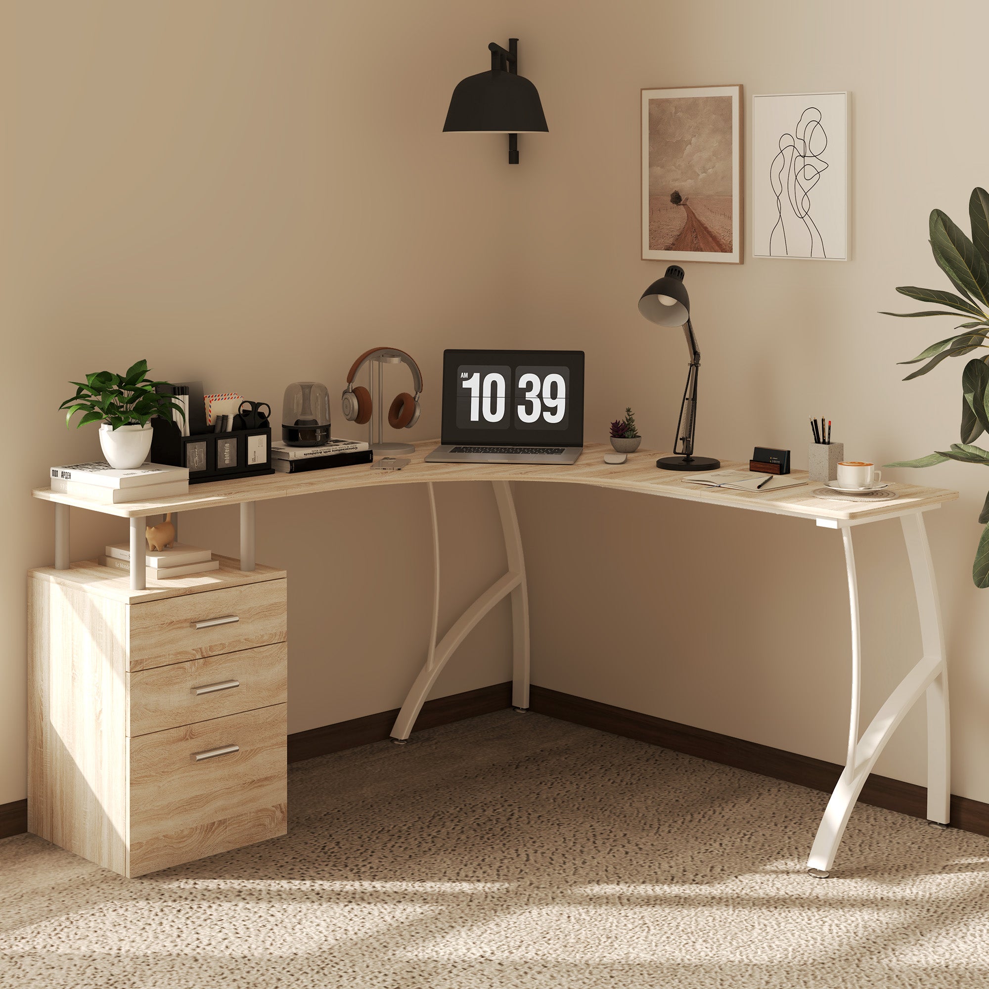 HOMCOM L-Shaped Computer Desk Table with Storage Drawer, Home Office Desk Corner Industrial Style Workstation for A4 Files 143.5 x 143.5 x 76cm, Oak - North Peak Garden Furniture
