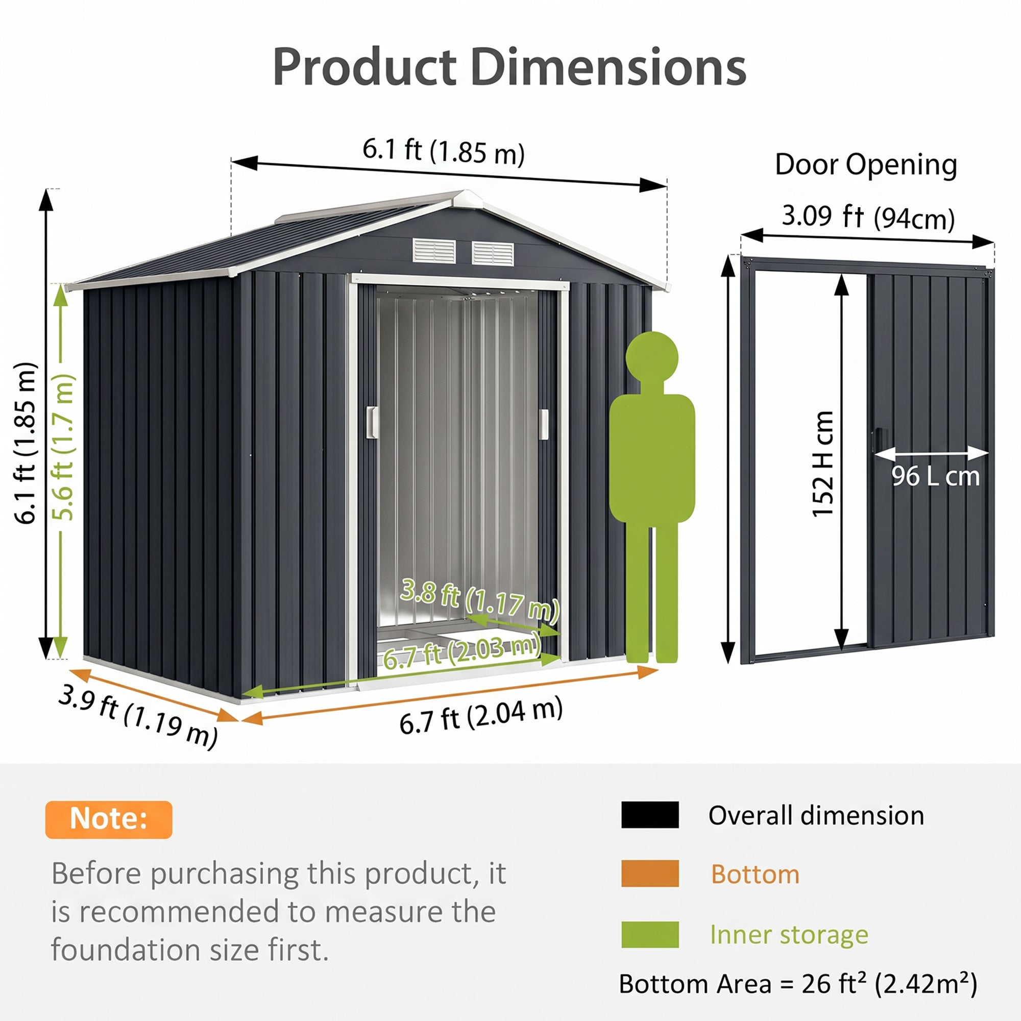 Outsunny 7 x 4ft Metal Garden Shed, Outdoor Storage Tool House with Ventilation Slots, Foundation Kit and Lockable Double Doors, Dark Grey