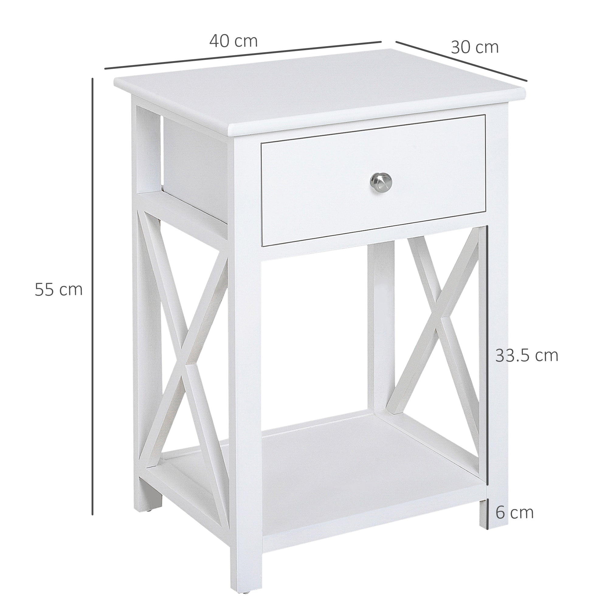 HOMCOM End Table, Sofa Side Table with Drawer X Bar Bottom Storage Shelf, Nightstand Bedside Table for Bedroom or Living Room White - North Peak Garden Furniture