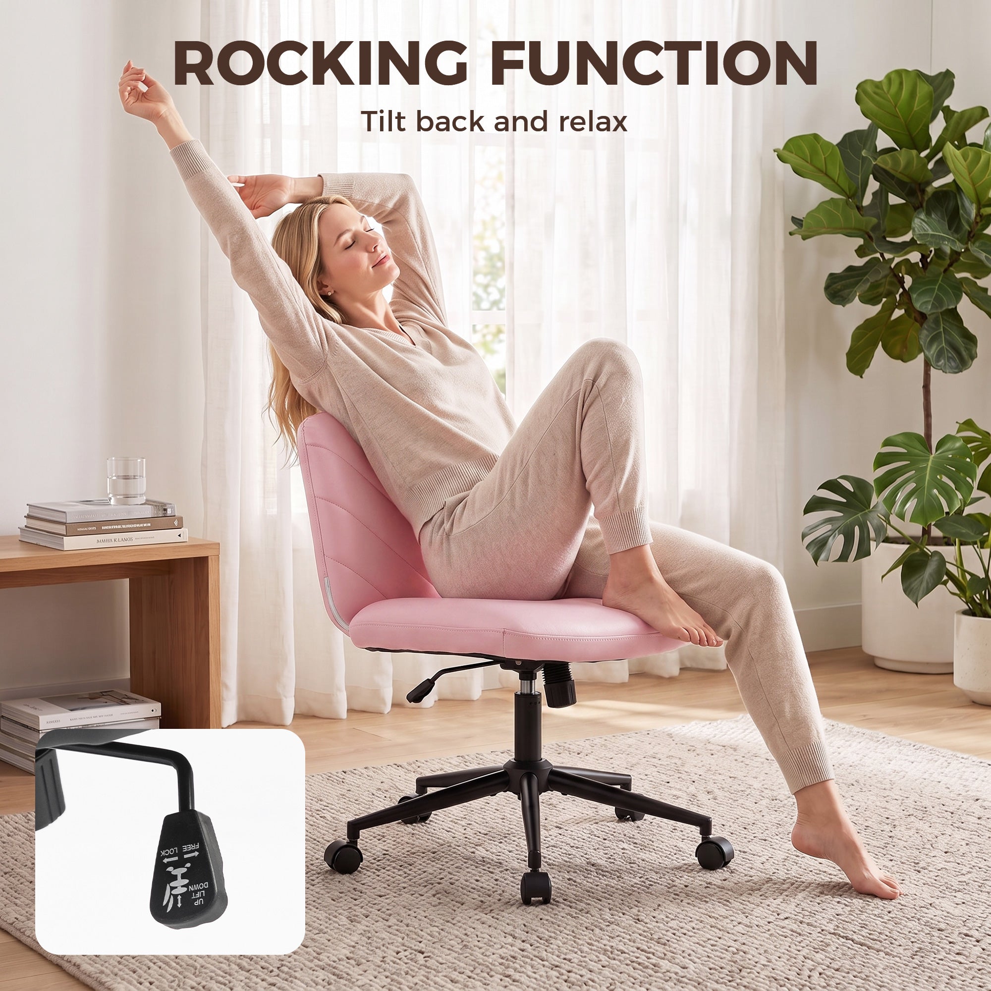 HOMCOM Home Office Desk Chair Height Adjustable Swivel Chair Cross Legged Wide Seat Swivel Wheels Pink