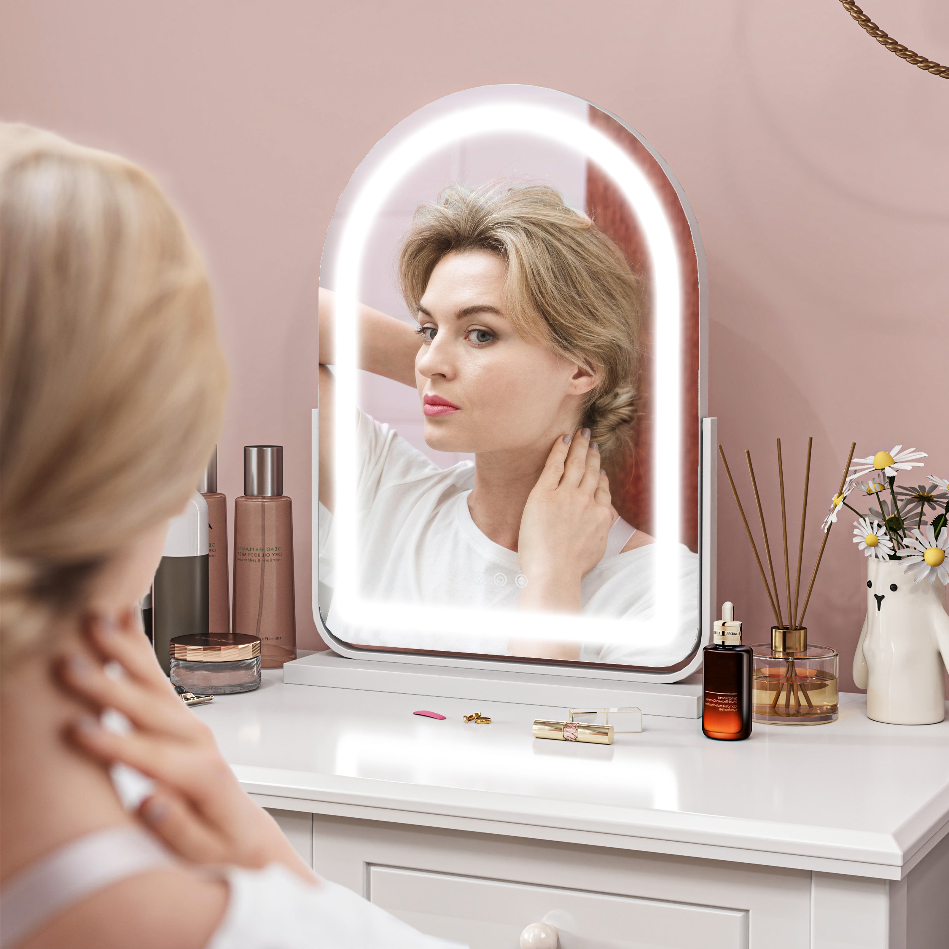 HOMCOM LED Vanity Mirror with Lights, 43 x 59cm Lighted Makeup Mirror with 3 Colour, 360° Rotation, Touch Screen, for Bedroom and Dressing Room, White - North Peak Garden Furniture