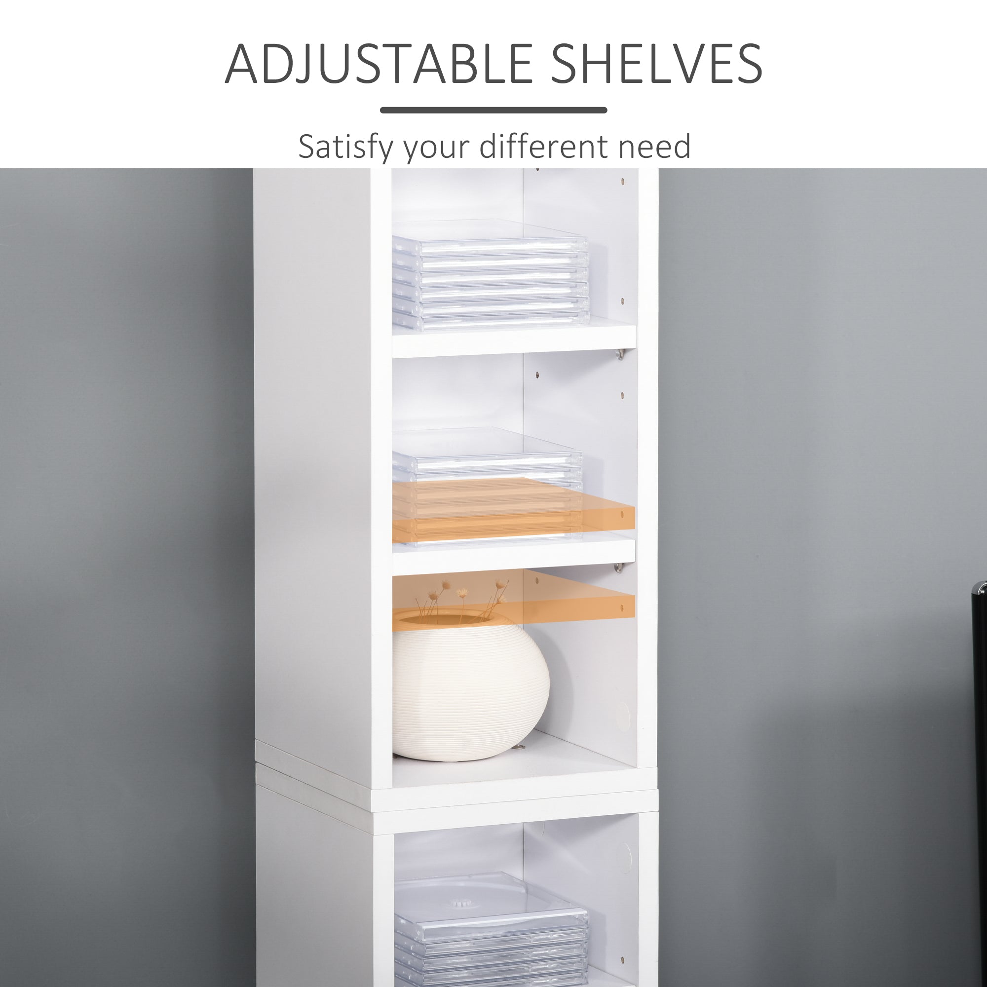 HOMCOM 204 CD Media Display Shelf Unit Set of 2 Blu-Ray Tower Rack w/ Adjustable Shelves Bookcase Storage Organiser, White - North Peak Garden Furniture