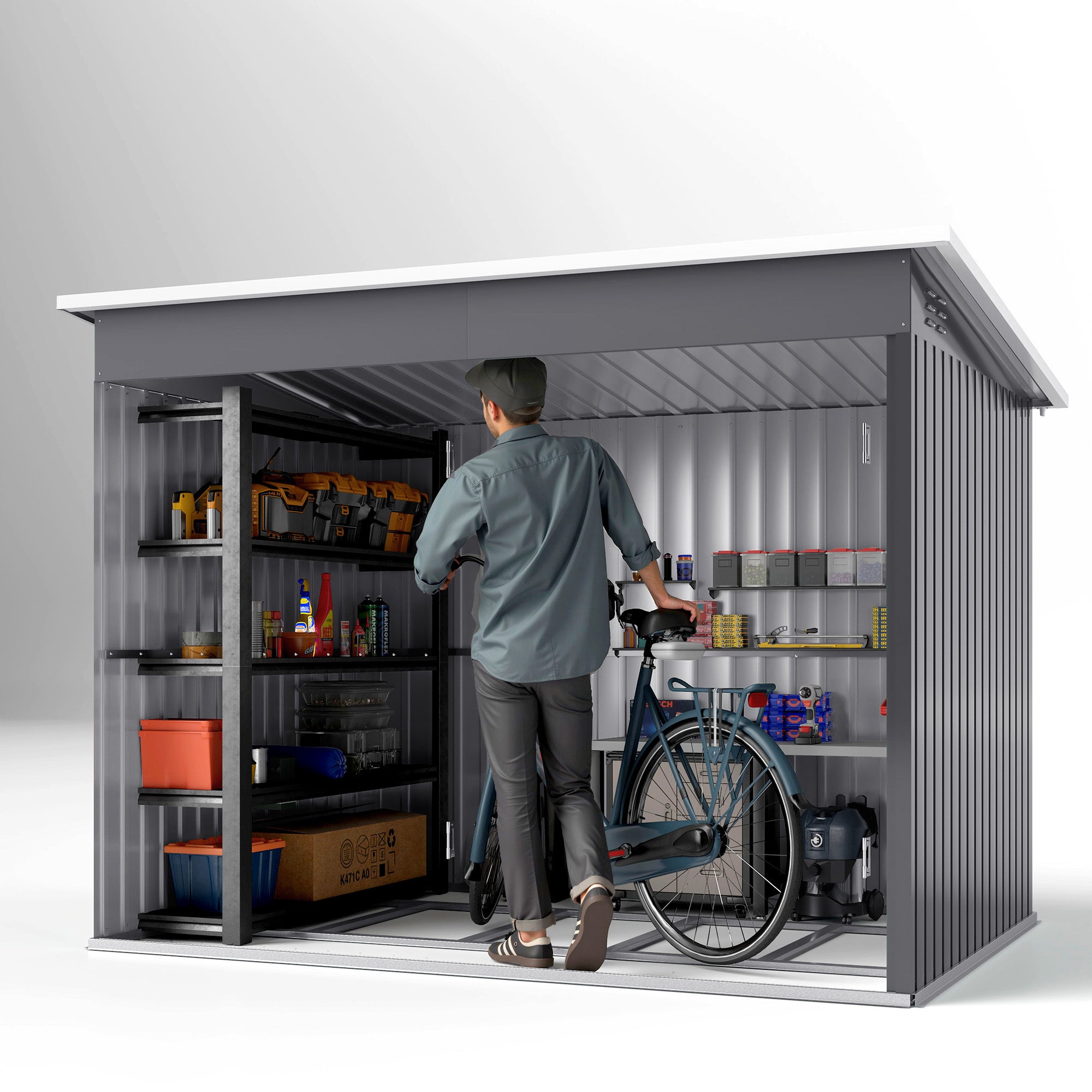 Outsunny 8.5 x 6ft Storage Shed Galvanised Steel Garden Shed, Metal Shed with Foundation Kit, Window, Lockable Wide Doors and Air Vents for Outdoor Patio, Dark Grey - North Peak Garden Furniture