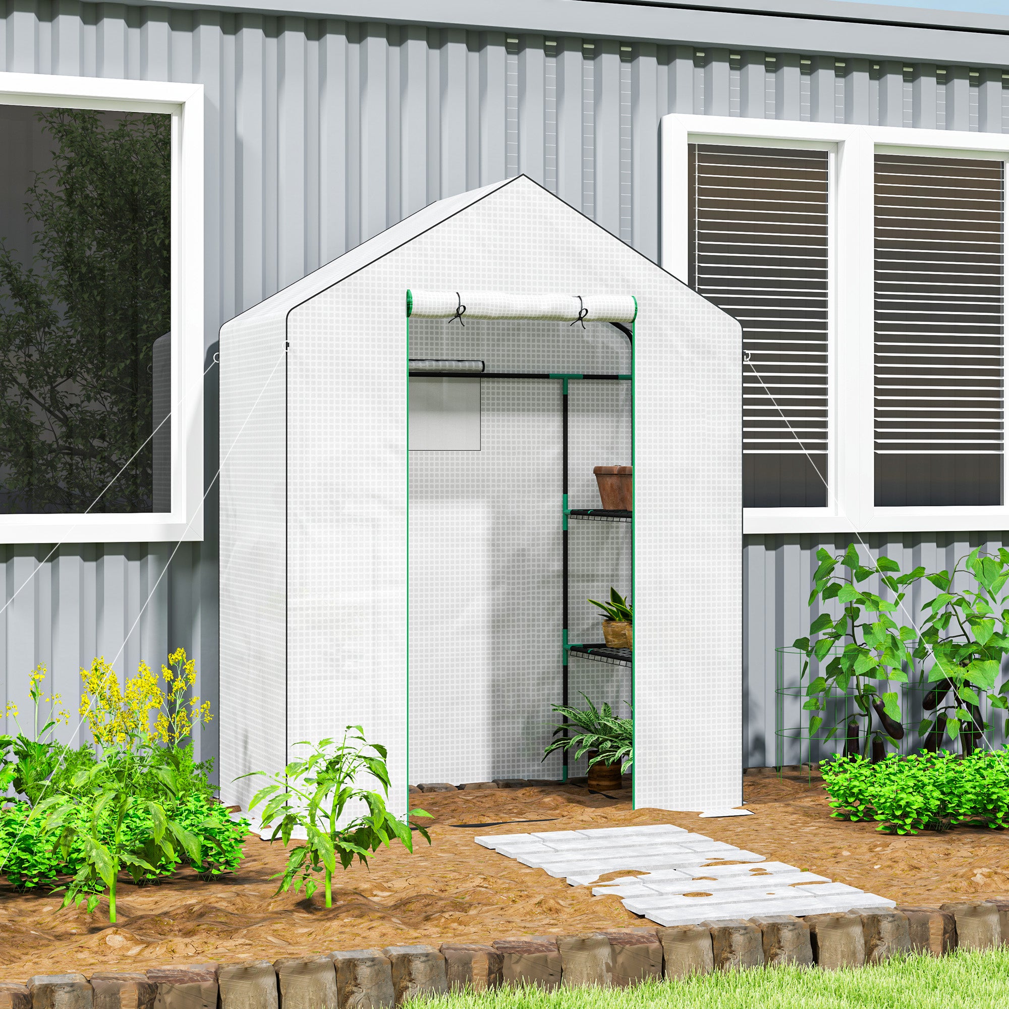 Outsunny Walk-in Greenhouse with 3 Tier 4 Shelves, Small Greenhouse with Reinforced PE Cover, Garden Plant Growhouse with Roll-up Door and Three Mesh Windows, 143 x 74 x 190 cm, White