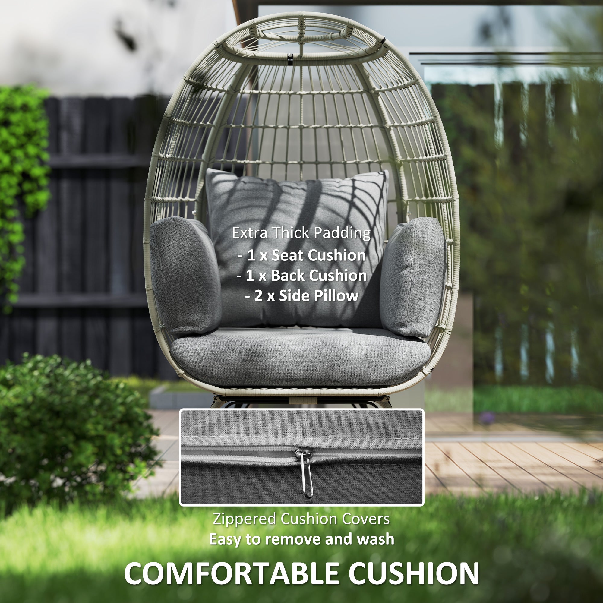 Outsunny Rattan Egg Chair with Cushions and Pillows, Charcoal Grey - North Peak Garden Furniture