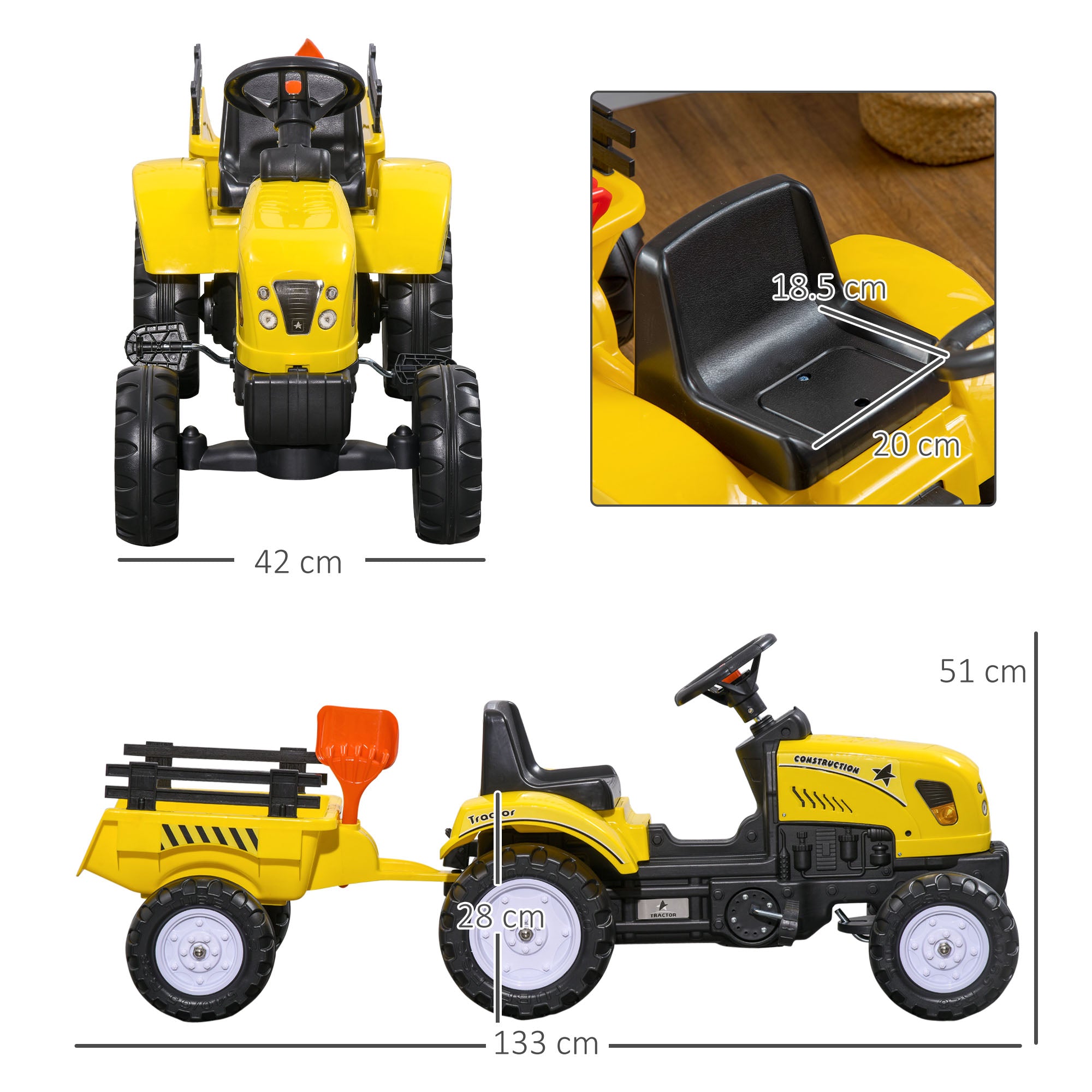 HOMCOM Pedal Go Kart, Kids Ride on Tractor with Back Trailer, Shovel & Rake, Horn, Four Wheels Tractor Toy for Child Toddler - North Peak Garden Furniture