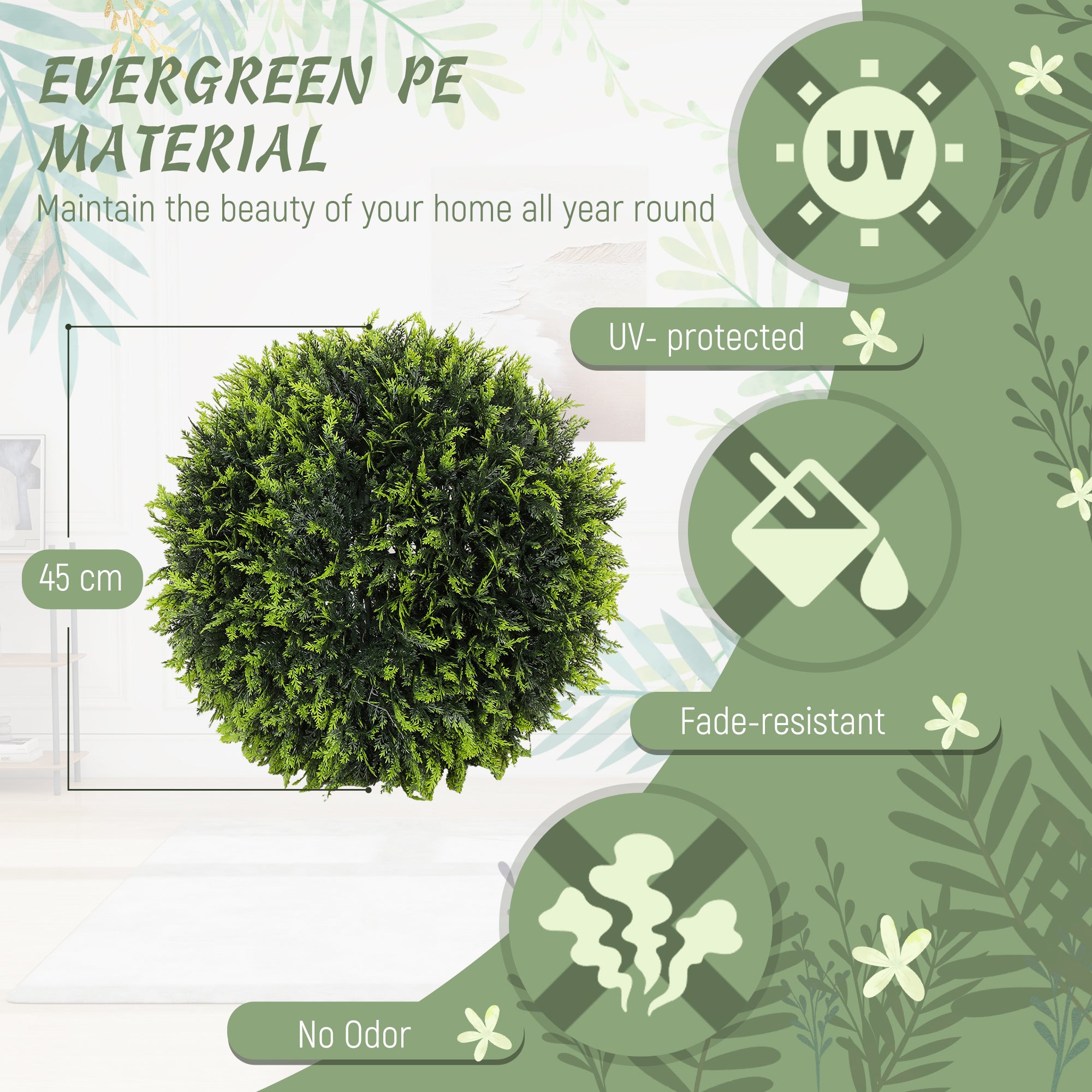 HOMCOM Set of 2 Artificial Plant Topiary Balls, UV-protected Fake Decorative Plants, Faux Plants for Home Indoor Outdoor Decor, 45cm, Green - North Peak Garden Furniture