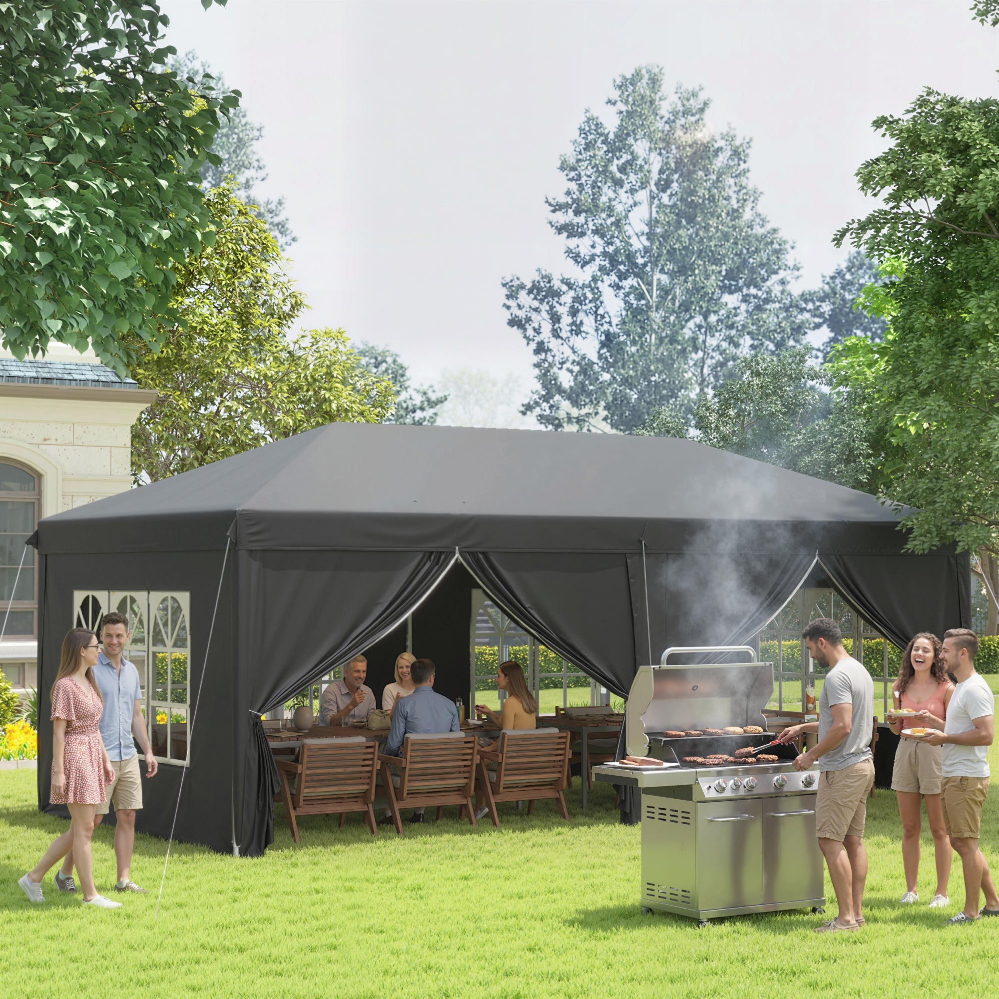 Outsunny 3 x 6 m Pop Up Gazebo with Sides and Windows, Height Adjustable Party Tent with Storage Bag for Garden, Camping, Event, Black