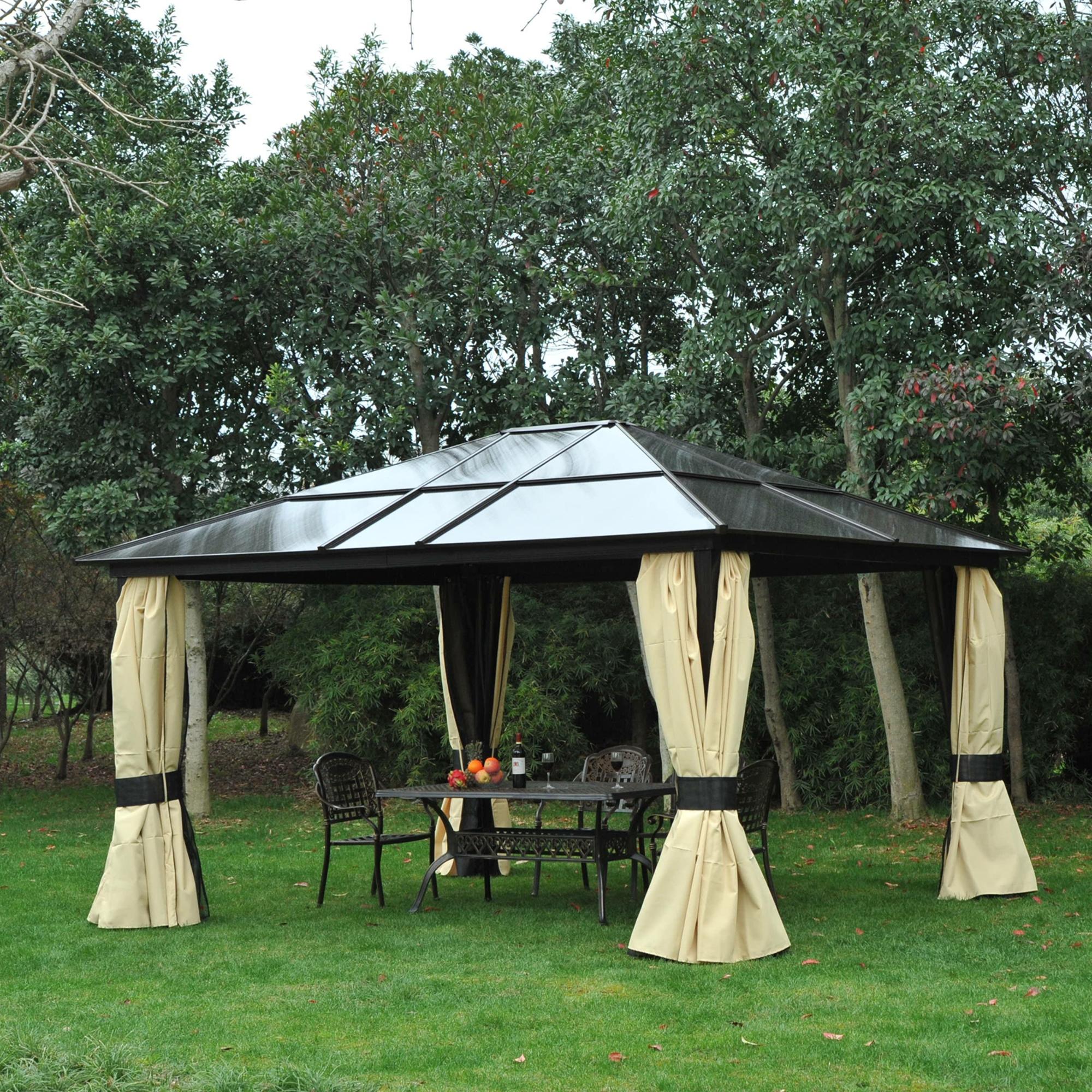 Outsunny 3.6 x 4m Hardtop Gazebo Canopy with Polycarbonate Roof and Aluminium Frame, Garden Pavilion with Mosquito Netting and Curtains - North Peak Garden Furniture