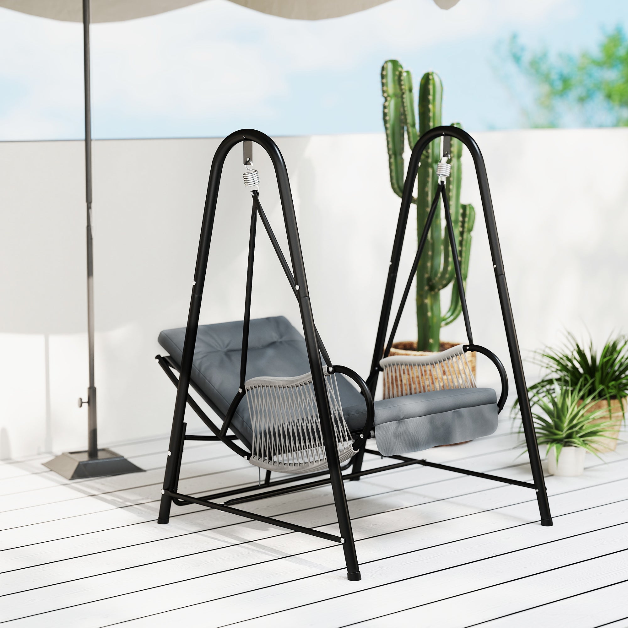 Outsunny Rattan Swing Chair, Outdoor Garden Hanging Swing Seat with Stand and Seat Cushion, Porch Hanging Chair for Balcony, Garden, Deck, Light Grey - North Peak Garden Furniture