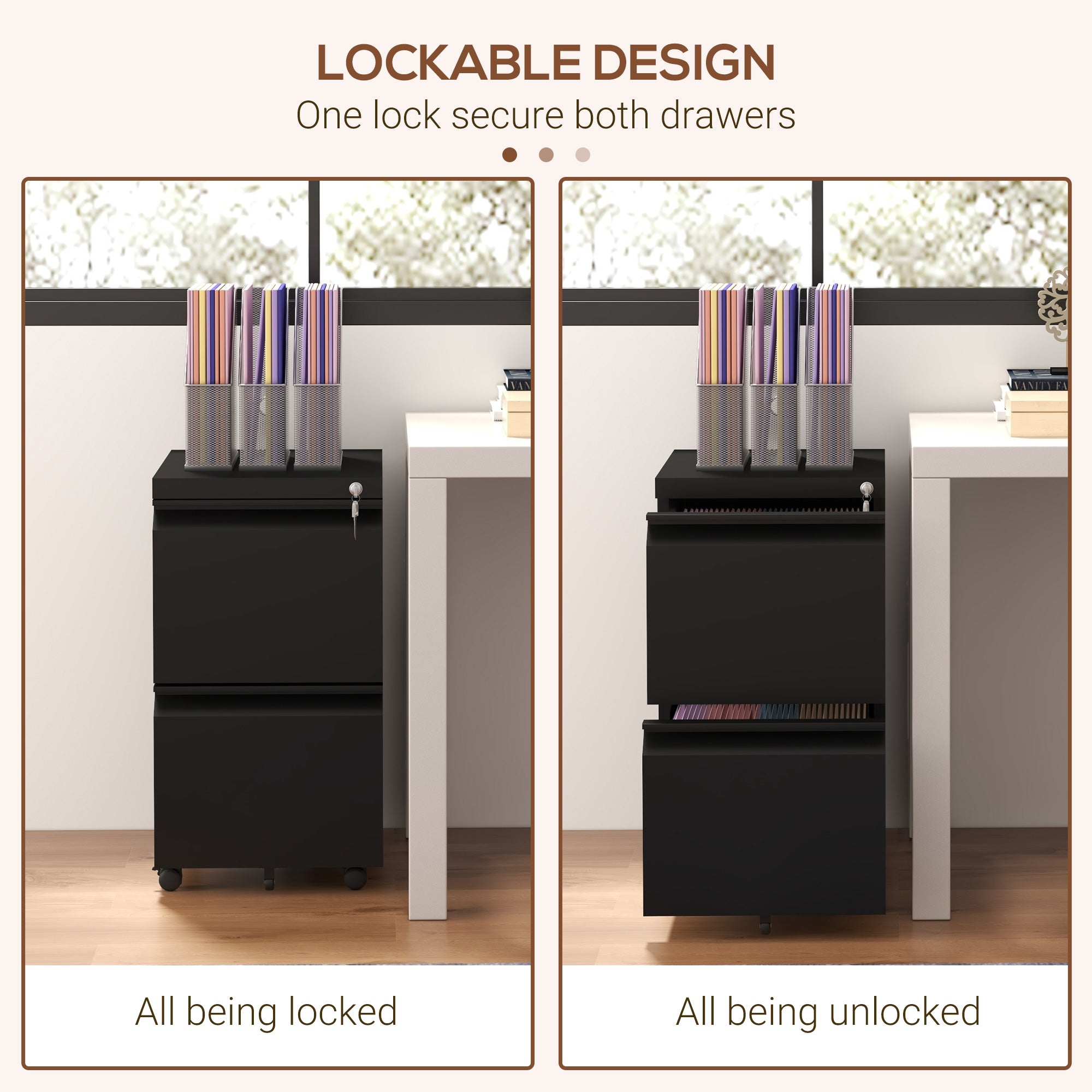 Vinsetto 2-Drawer Mobile Filing Cabinet, Steel Lockable File Cabinet for Letter, A4 and Legal Size, Pre-Assembled Body, Black - North Peak Garden Furniture