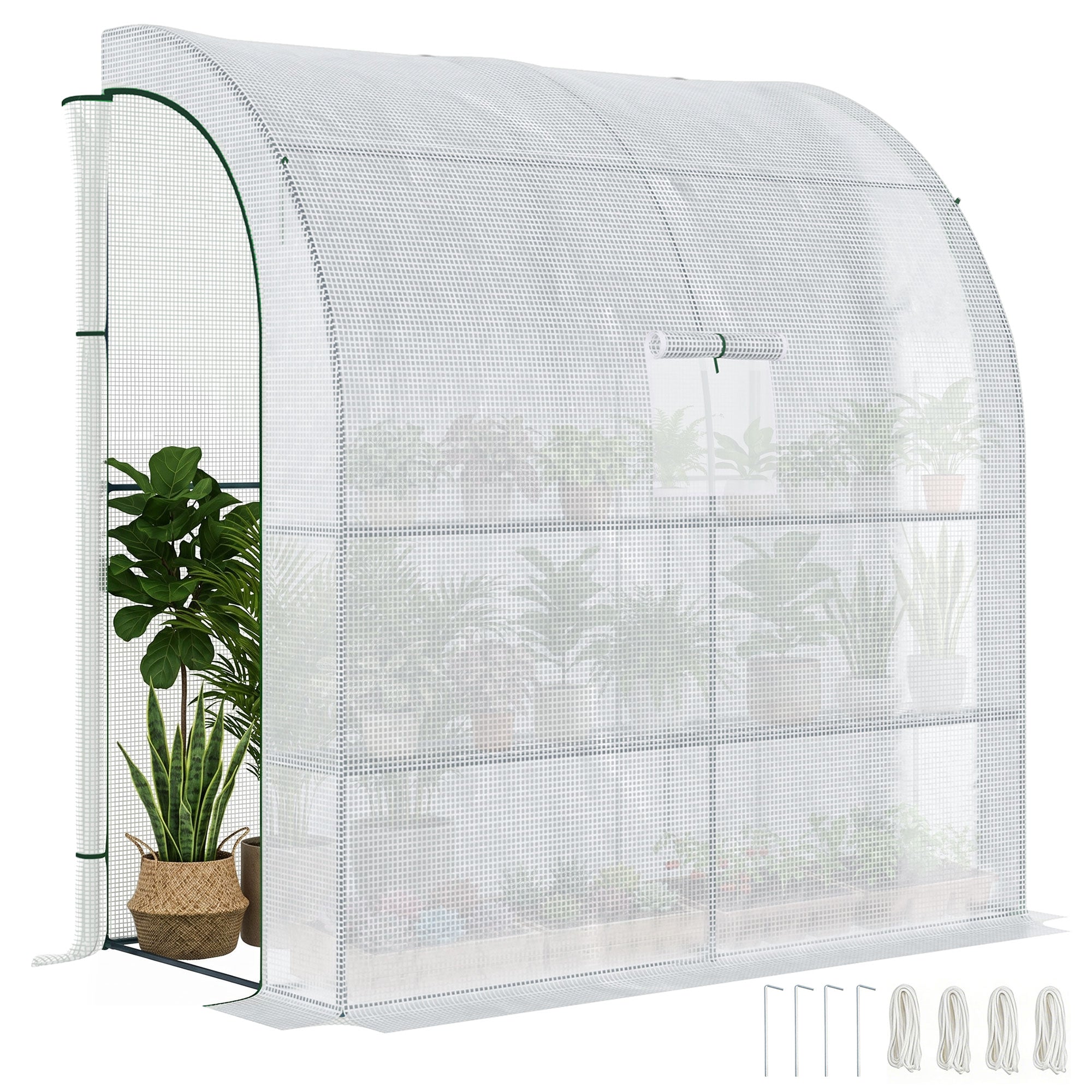 Outsunny Walk-In Lean to Wall Greenhouse with Windows and Doors 2 Tiers 4 Wired Shelves 200L x 100W x 215Hcm White