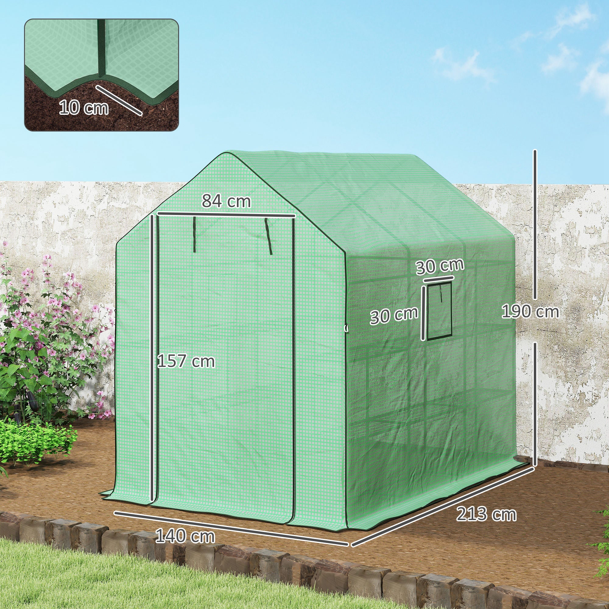 Outsunny Walk-in Greenhouse with 3 Tier Shelves, Outdoor Green House Garden Grow House with Reinforced PE Cover, Roll-up Door and Mesh Windows, 140 x 213 x 190cm, Green