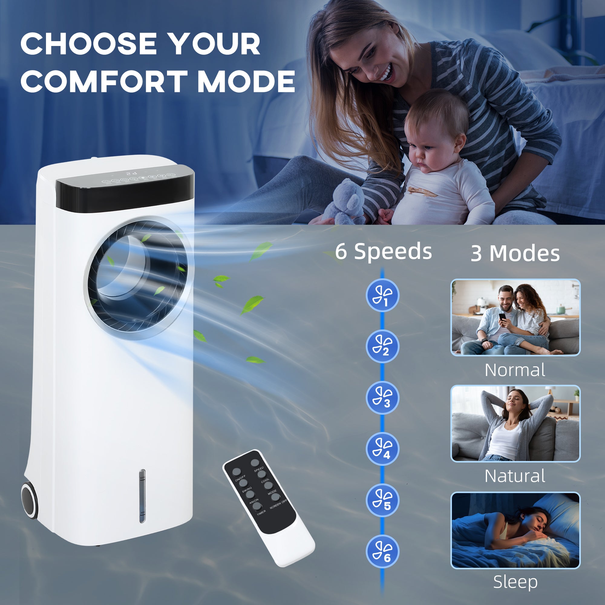 HOMCOM Evaporative Air Cooler, 6.5L 4-in-1 Bladeless Portable Cooler, Fan, Humidifier, Air Clean with Oscillation, 3 Speeds, 24H Timer, Sleep Mode, 2 Ice Packs, Wheels, Remote, for Home Office - North Peak Garden Furniture